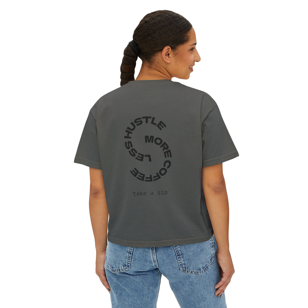 Coffee Graphic Tee — "Expresso Yourself" Boxy Top (Hustle More, Less Coffee)