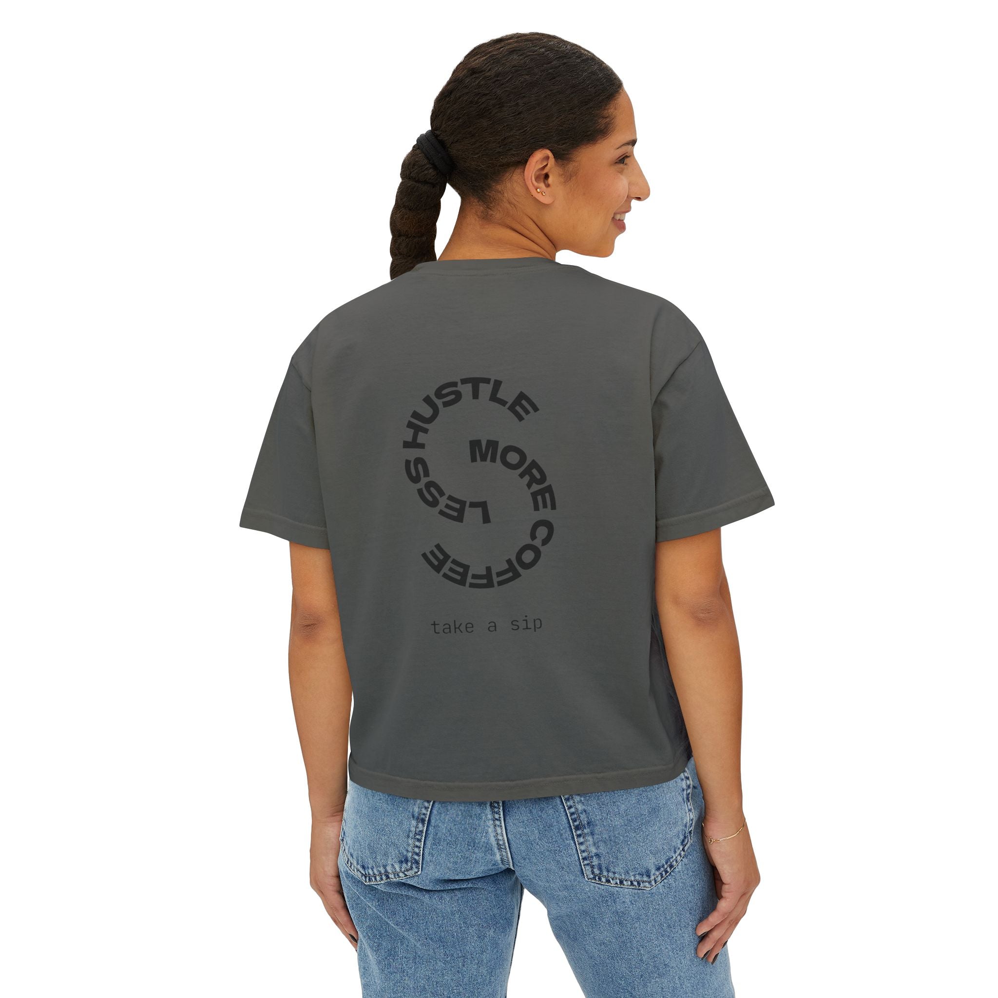 Coffee Graphic Tee — "Expresso Yourself" Boxy Top (Hustle More, Less Coffee)