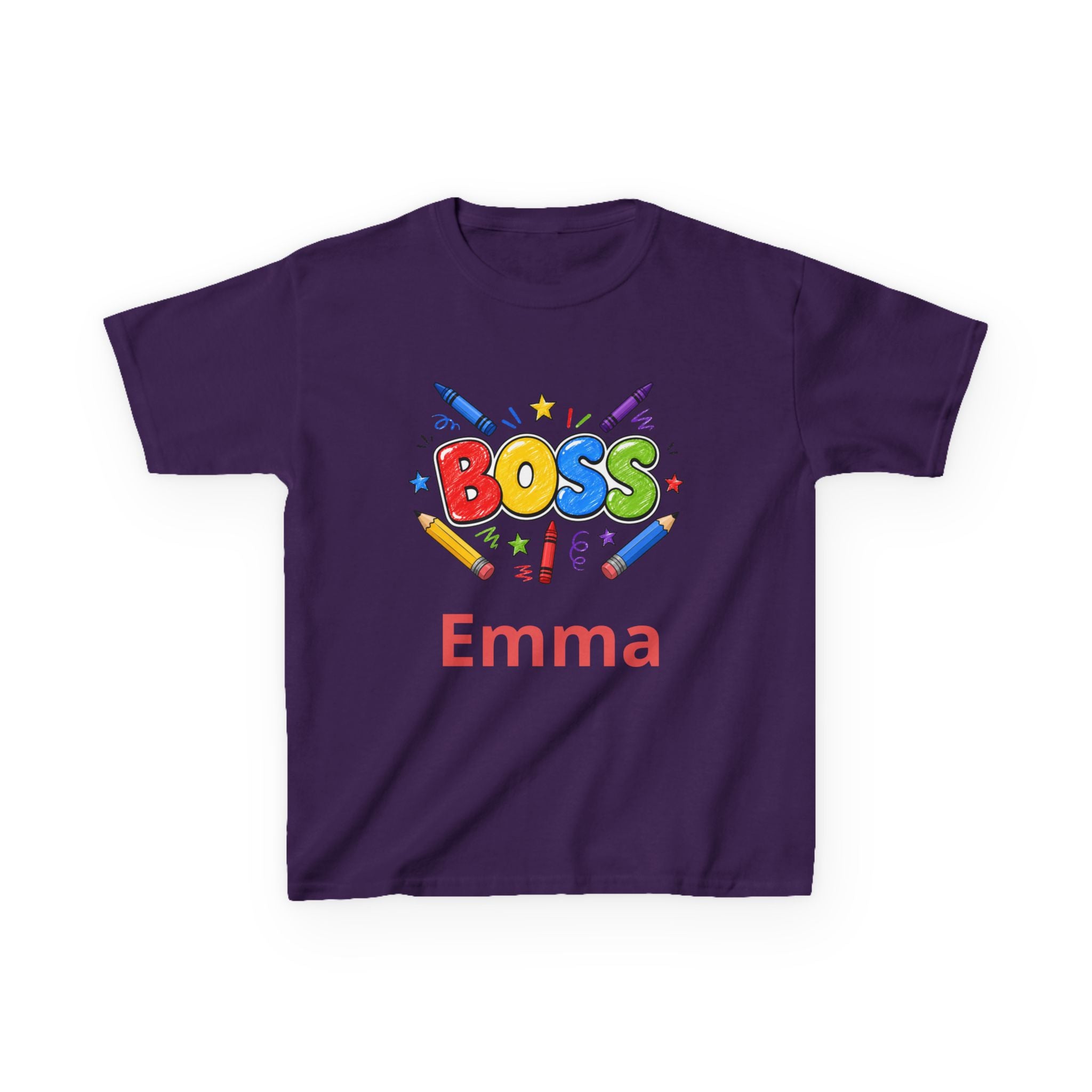Kids 'Boss' Personalized T‑Shirt — Colorful Crayon Design (Custom Name)
