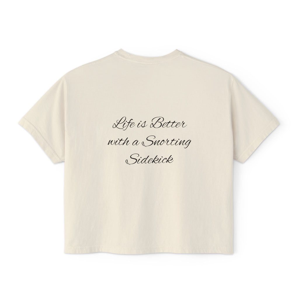 Personalized Pug Mom Boxy Tee — "Pug Mom" Front with "Life is Better with a Snorting Sidekick" Back