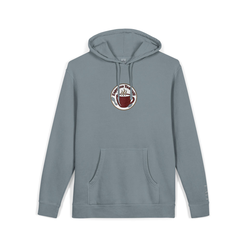 Personalized "Expresso Yourself" Sleeve Pigment-Dyed Hoodie with Coffee Crest Logo — Vintage Cozy Streetwear