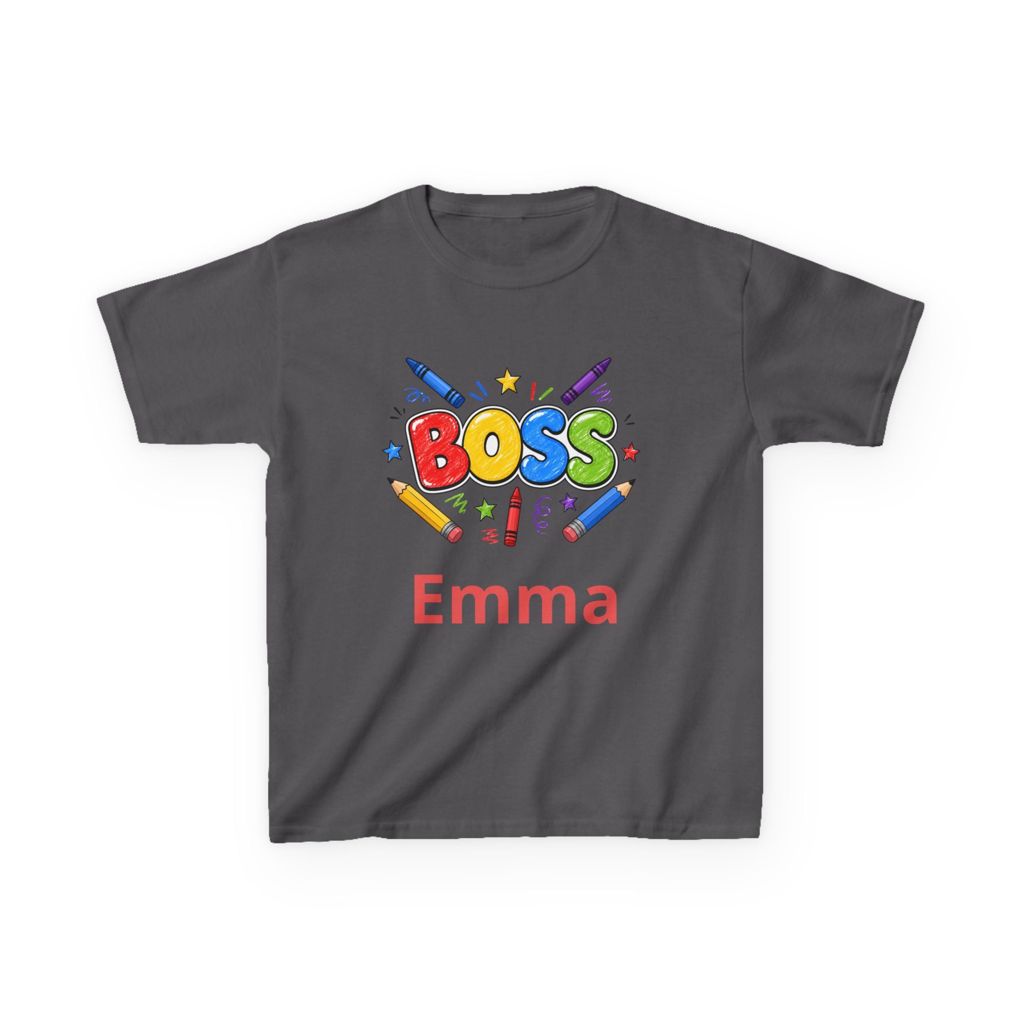 Kids 'Boss' Personalized T‑Shirt — Colorful Crayon Design (Custom Name)