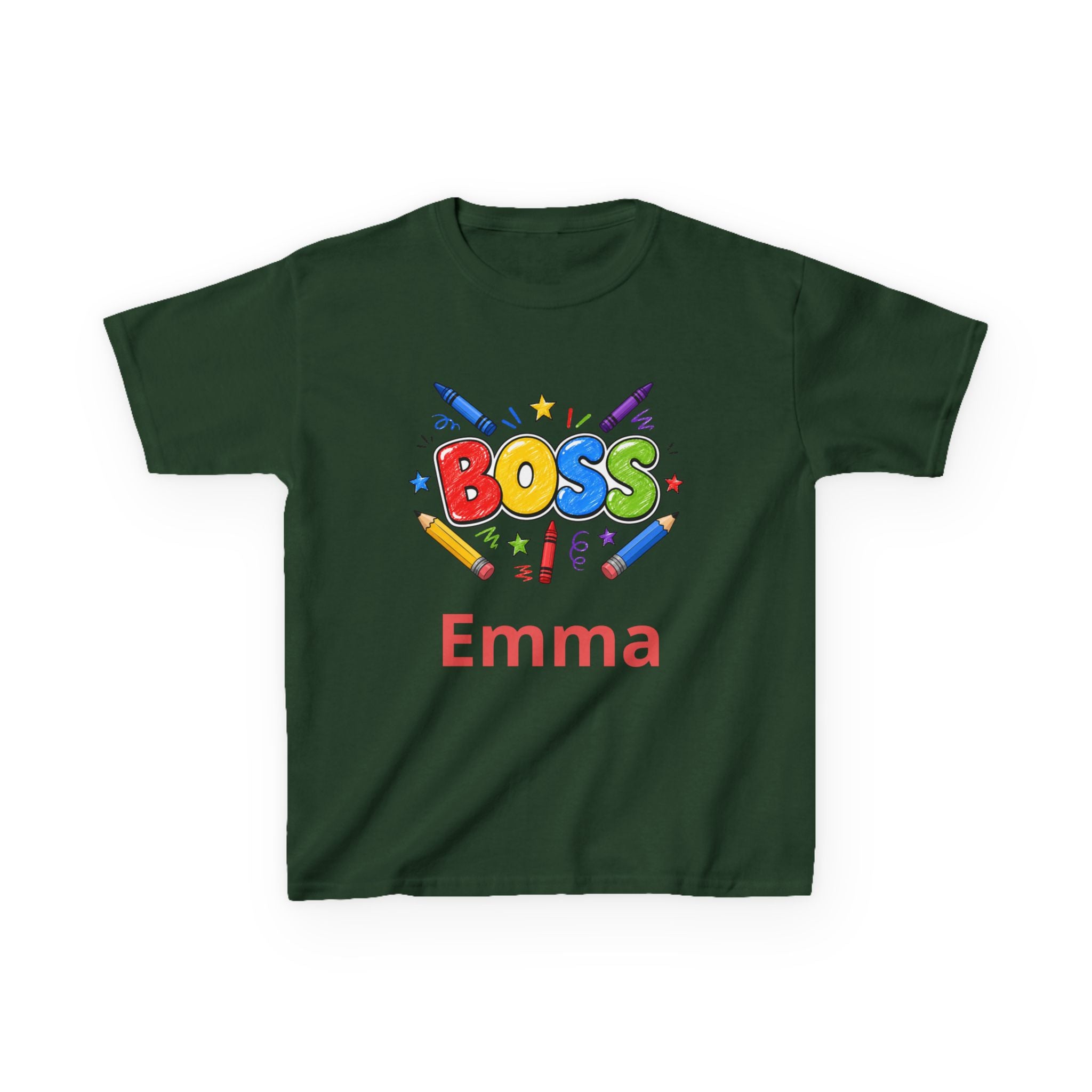 Kids 'Boss' Personalized T‑Shirt — Colorful Crayon Design (Custom Name)