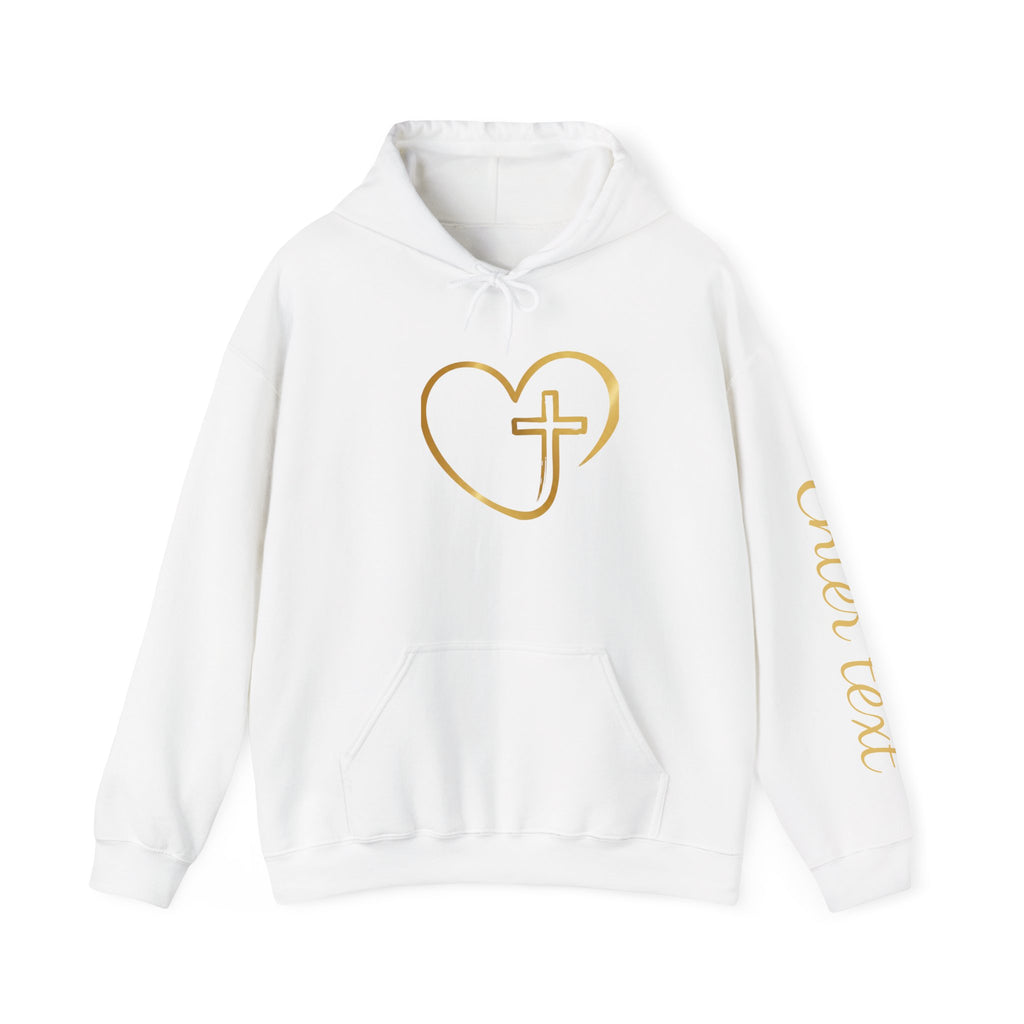 Personalized Christian Heart Hoodie — Gold Cross Heart Religious Pullover