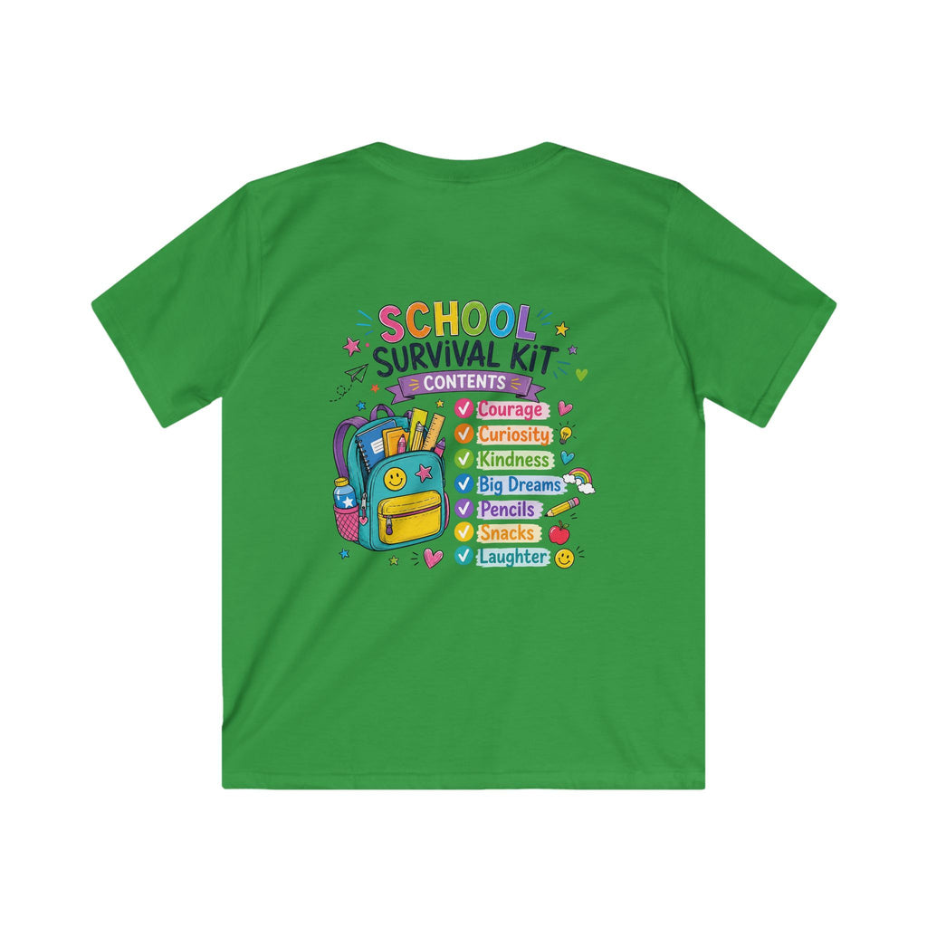 Kids Softstyle Tee- Personalized back to school, with Name, grade, and school survival kit