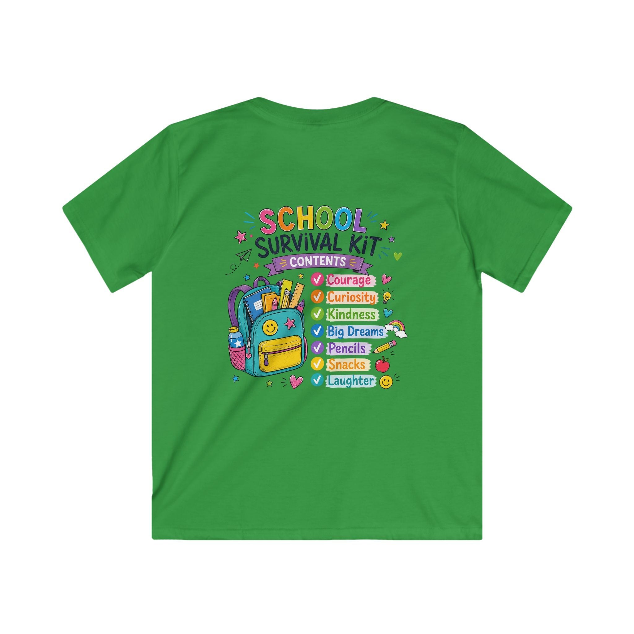 Kids Softstyle Tee- Personalized back to school, with Name, grade, and school survival kit