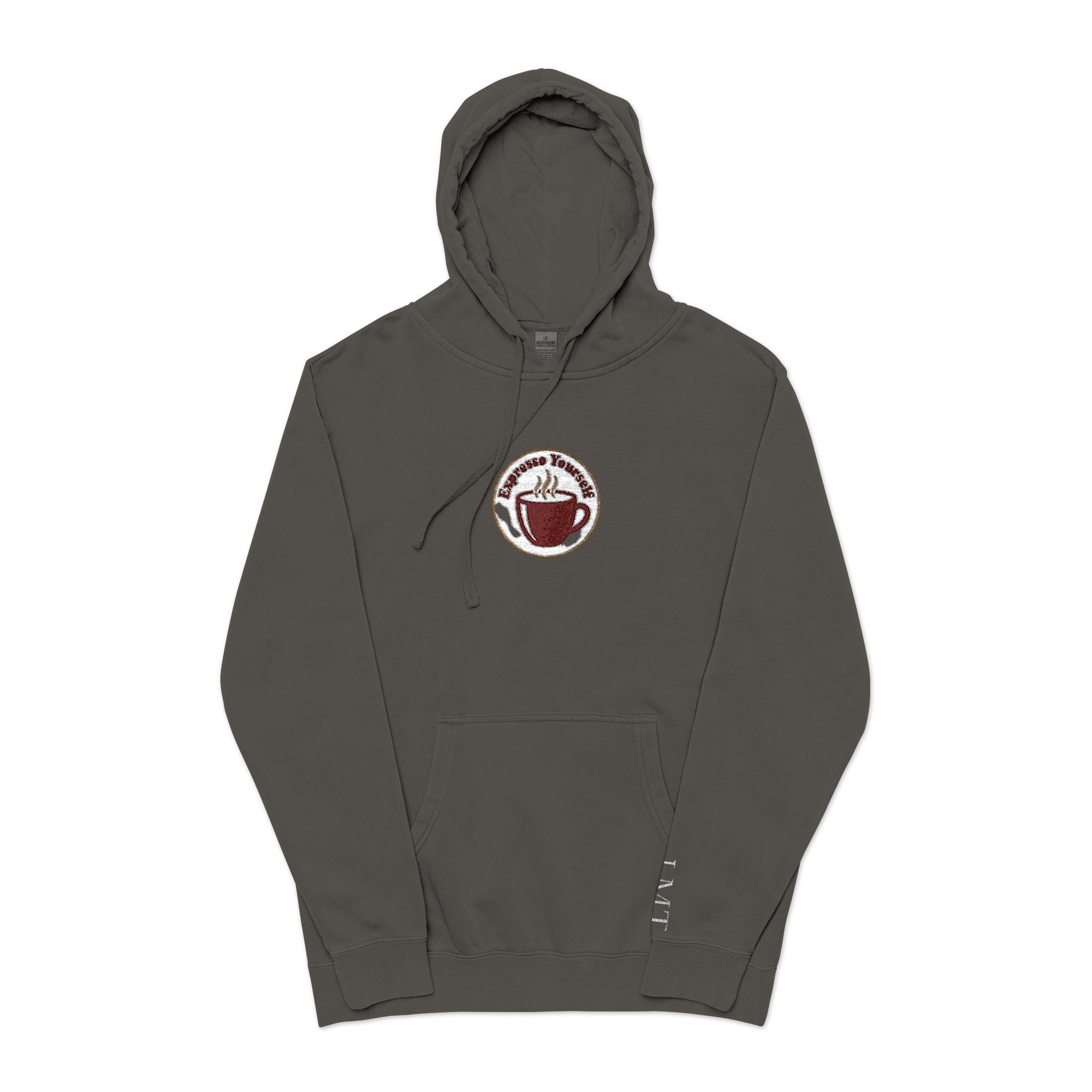Personalized "Expresso Yourself" Sleeve Pigment-Dyed Hoodie with Coffee Crest Logo — Vintage Cozy Streetwear