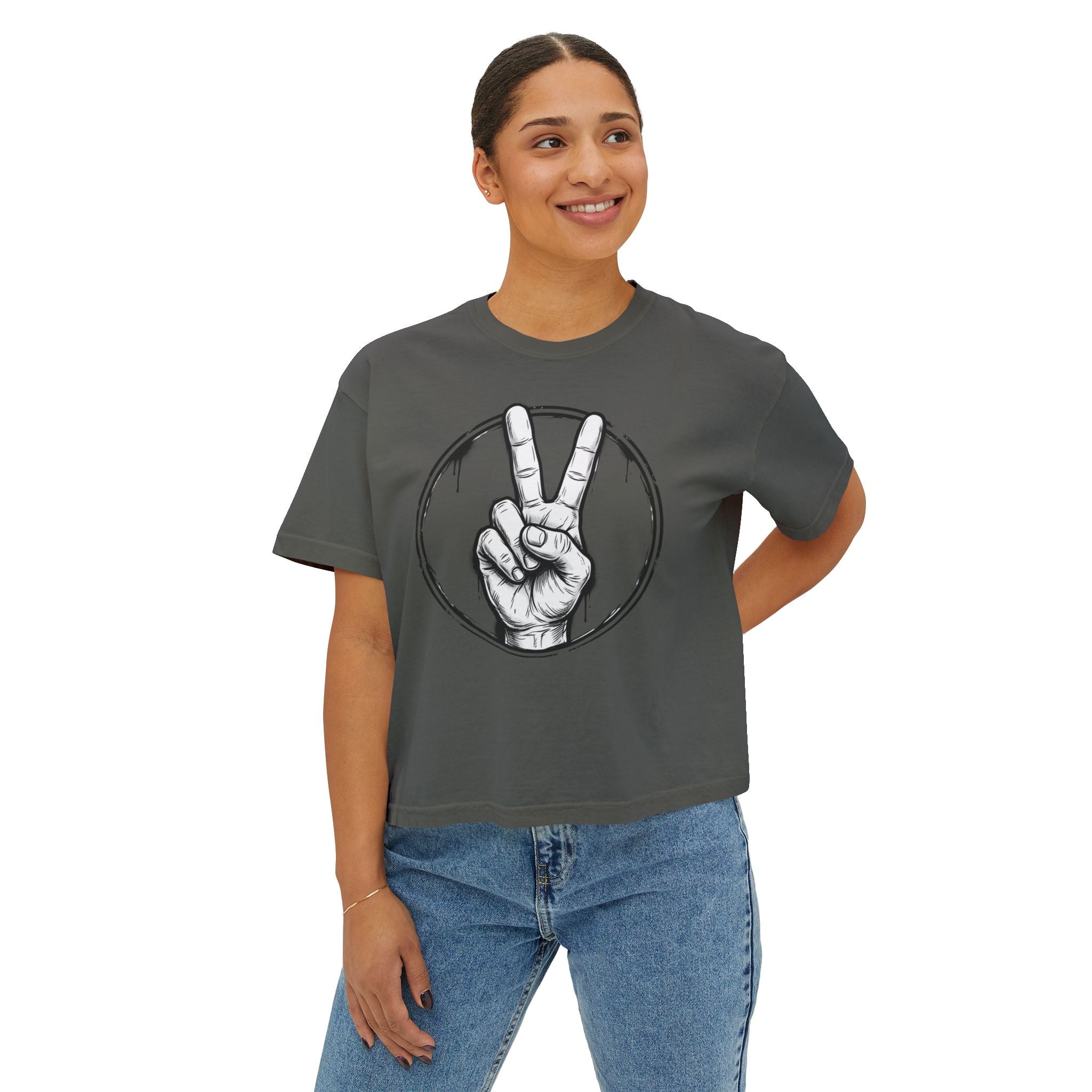 Personalized Women’s Boxy Tee — Peace Hand Graphic & “Purpose Looks Good on Me” Back Print