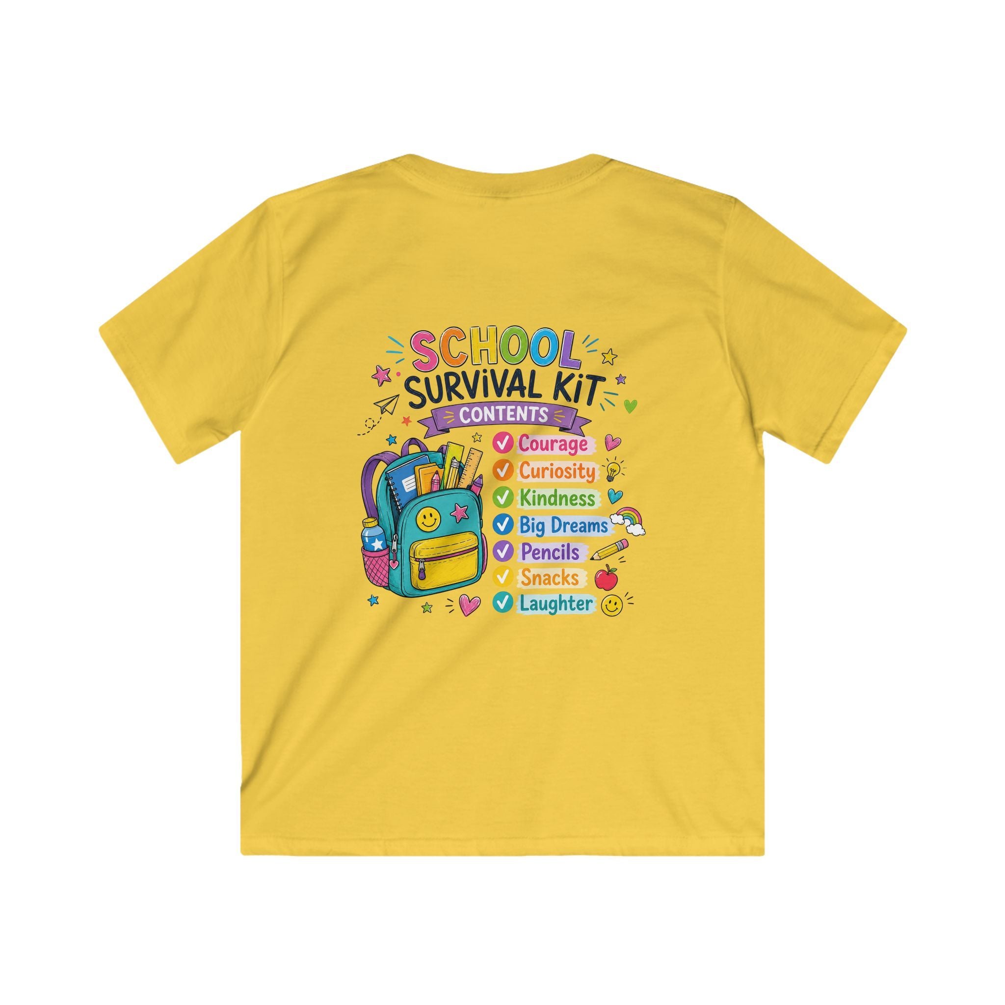 Kids Softstyle Tee- Personalized back to school, with Name, grade, and school survival kit