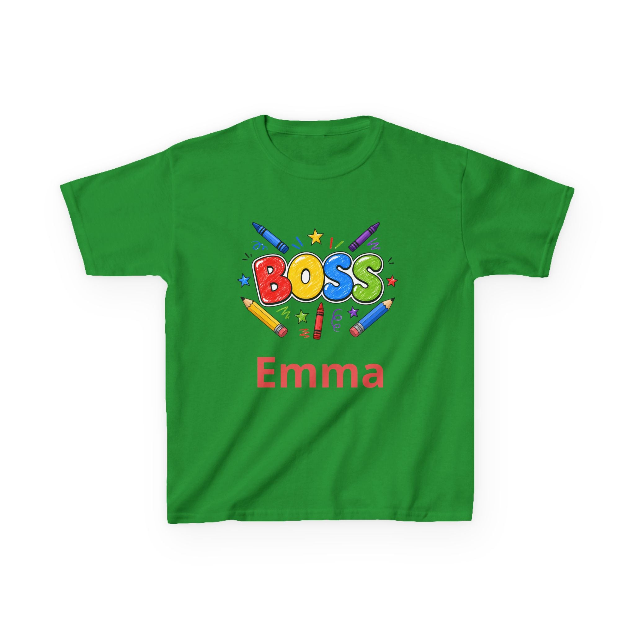 Kids 'Boss' Personalized T‑Shirt — Colorful Crayon Design (Custom Name)
