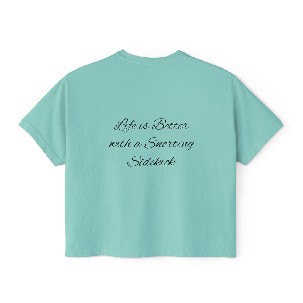 Personalized Pug Mom Boxy Tee — "Pug Mom" Front with "Life is Better with a Snorting Sidekick" Back