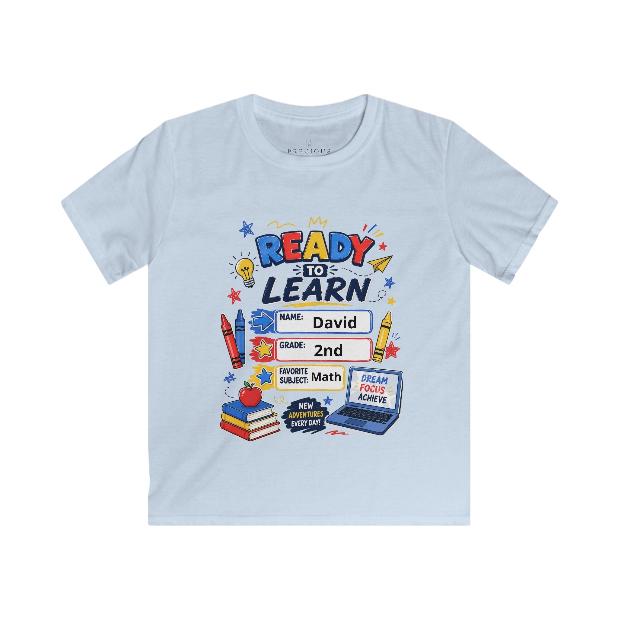 Kids Softstyle Tee- Personalized back to school, with Name, grade, and school survival kit