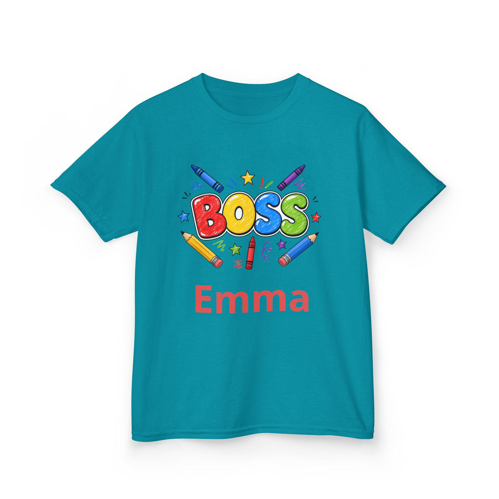 Kids 'Boss' Personalized T‑Shirt — Colorful Crayon Design (Custom Name)