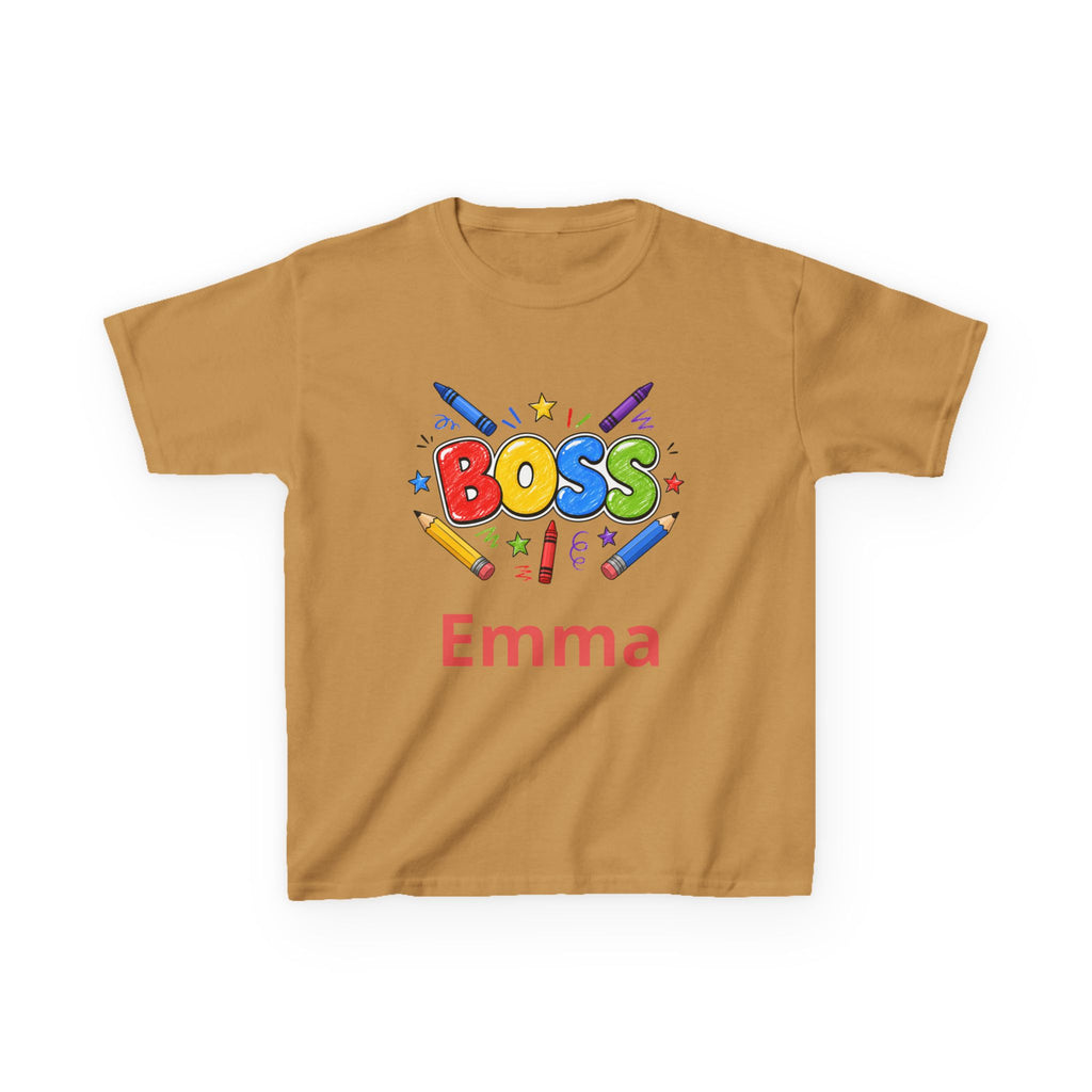Kids 'Boss' Personalized T‑Shirt — Colorful Crayon Design (Custom Name)