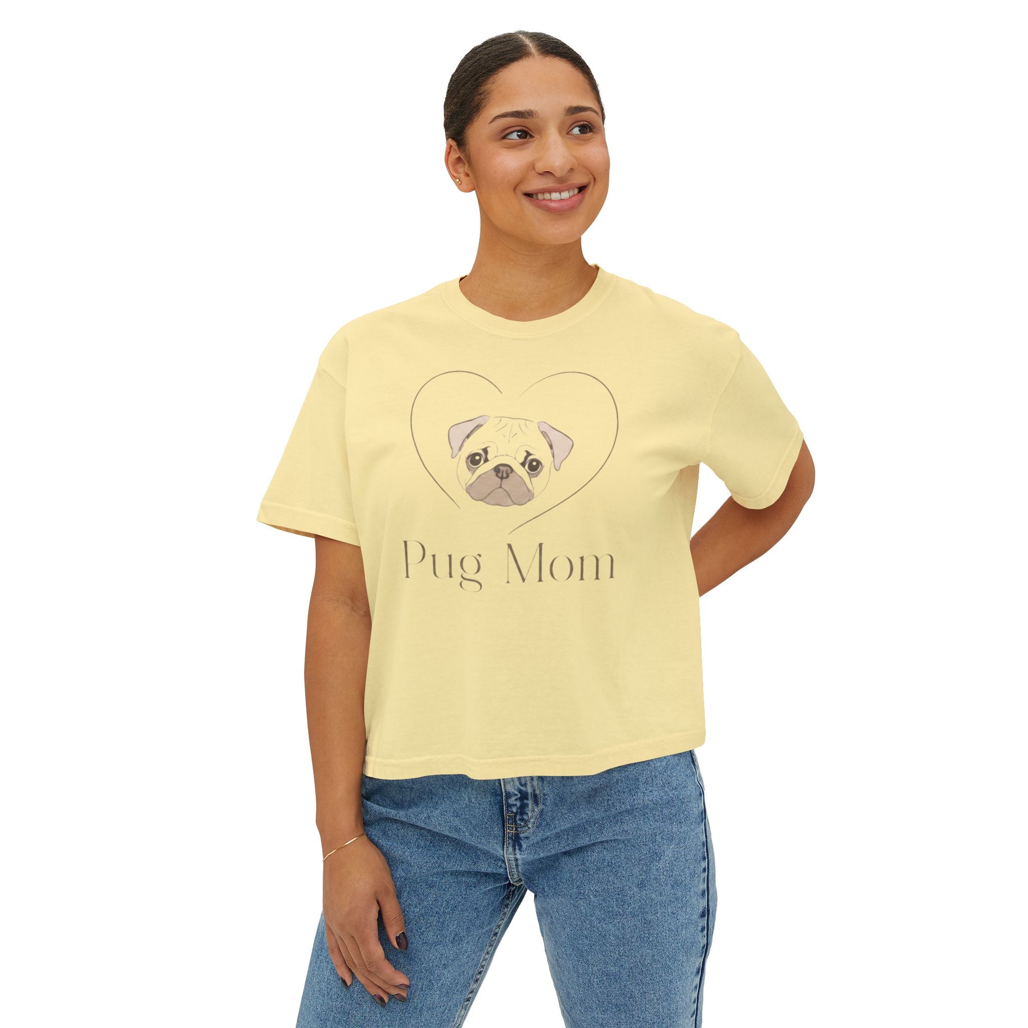 Personalized Pug Mom Boxy Tee — "Pug Mom" Front with "Life is Better with a Snorting Sidekick" Back