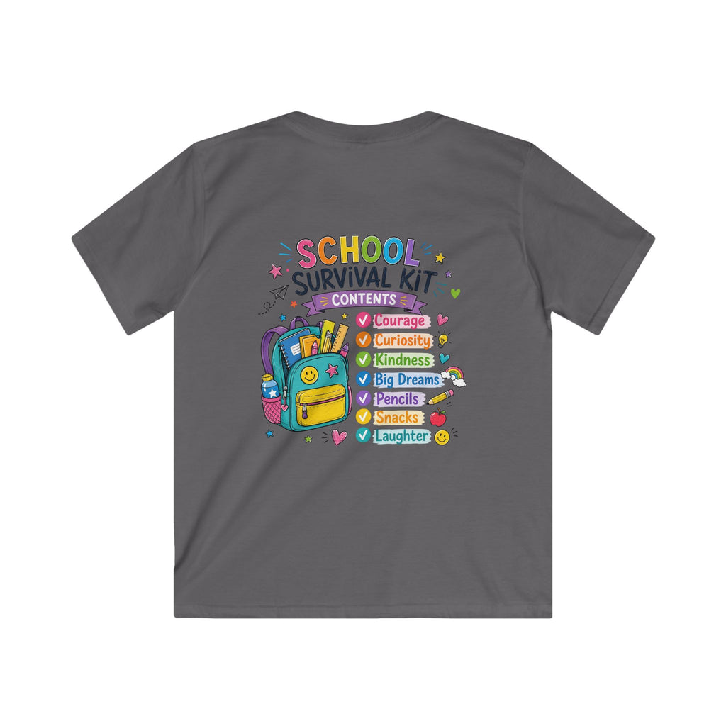 Kids Softstyle Tee- Personalized back to school, with Name, grade, and school survival kit