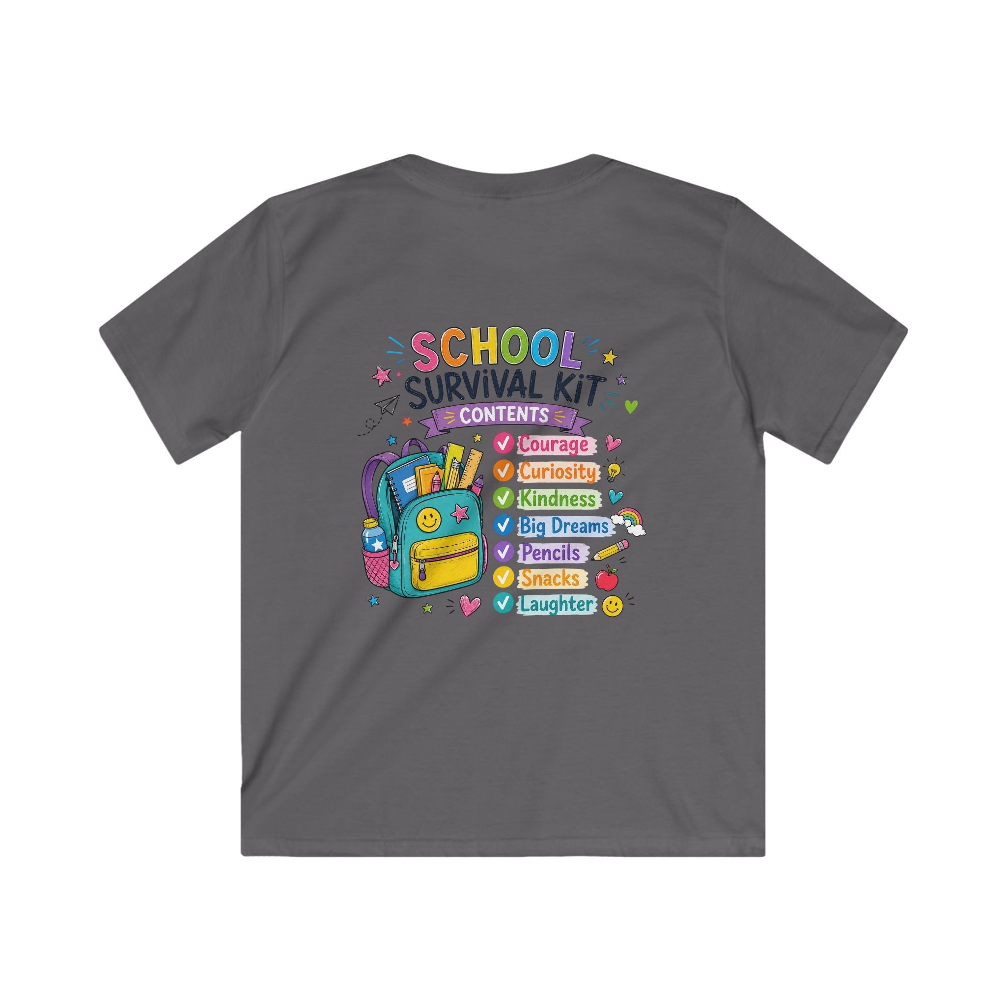 Kids Softstyle Tee- Personalized back to school, with Name, grade, and school survival kit