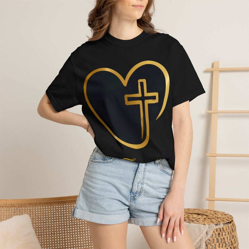 Personalized Religious Heart T-Shirt — Gold Cross Heart with your last name
