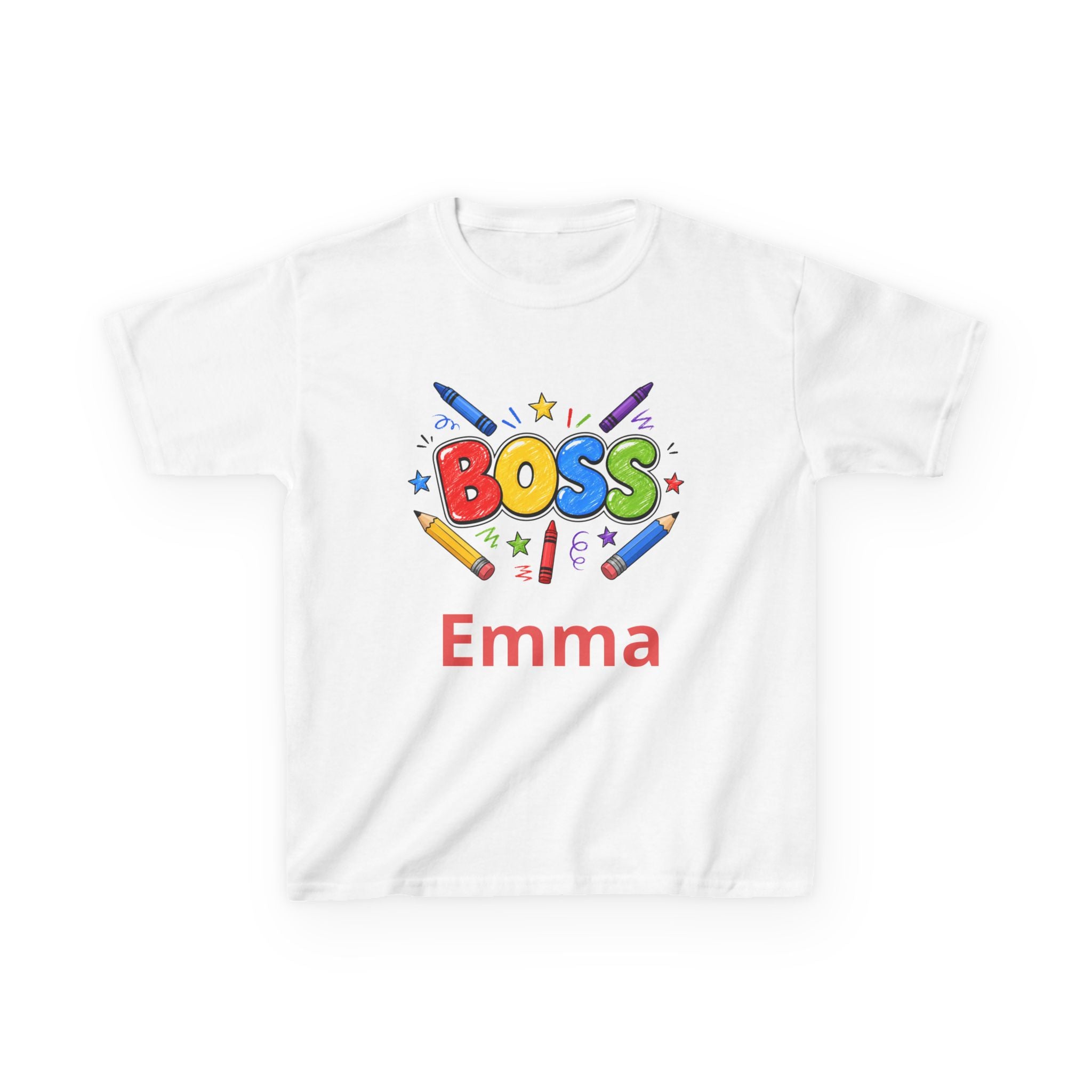 Kids 'Boss' Personalized T‑Shirt — Colorful Crayon Design (Custom Name)