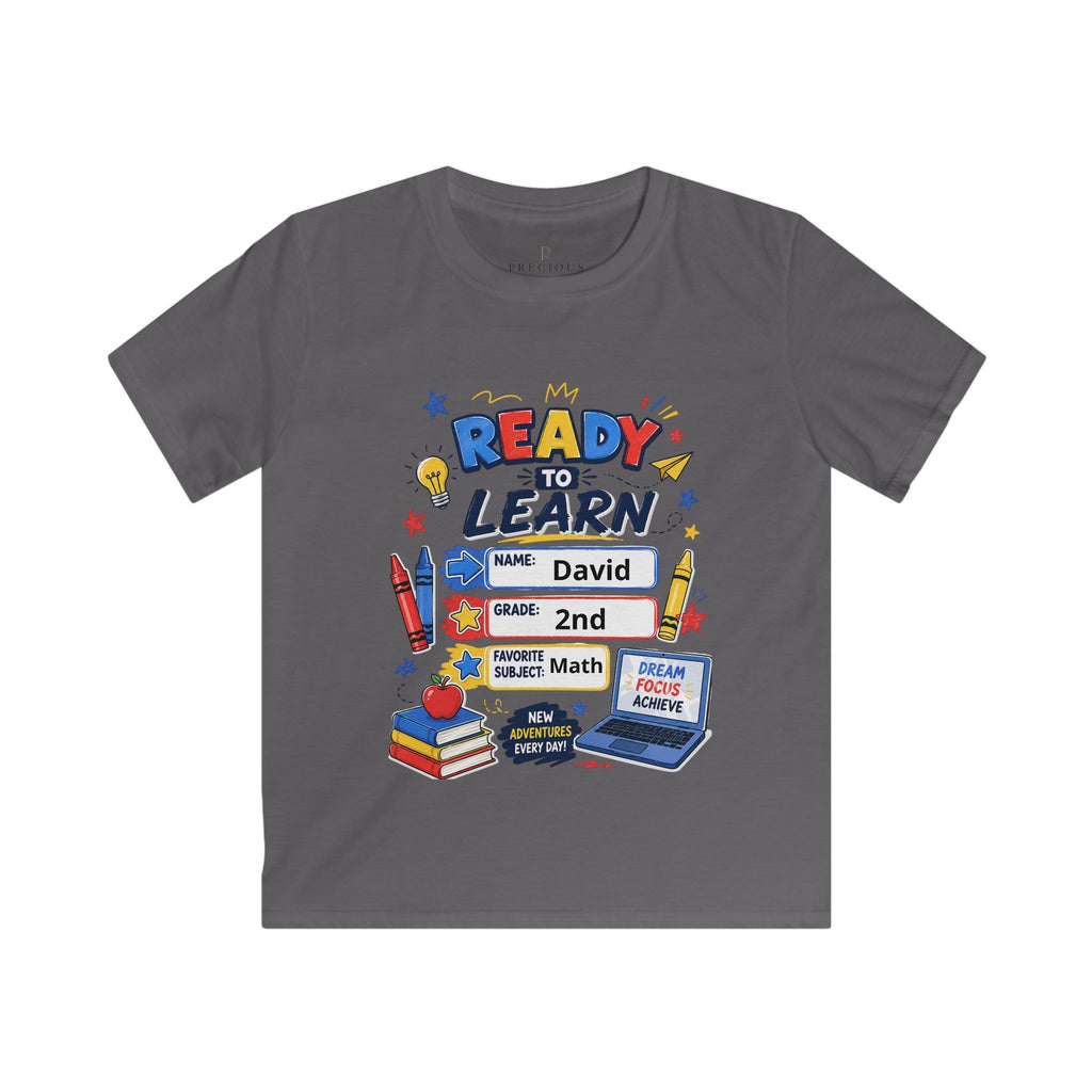 Kids Softstyle Tee- Personalized back to school, with Name, grade, and school survival kit