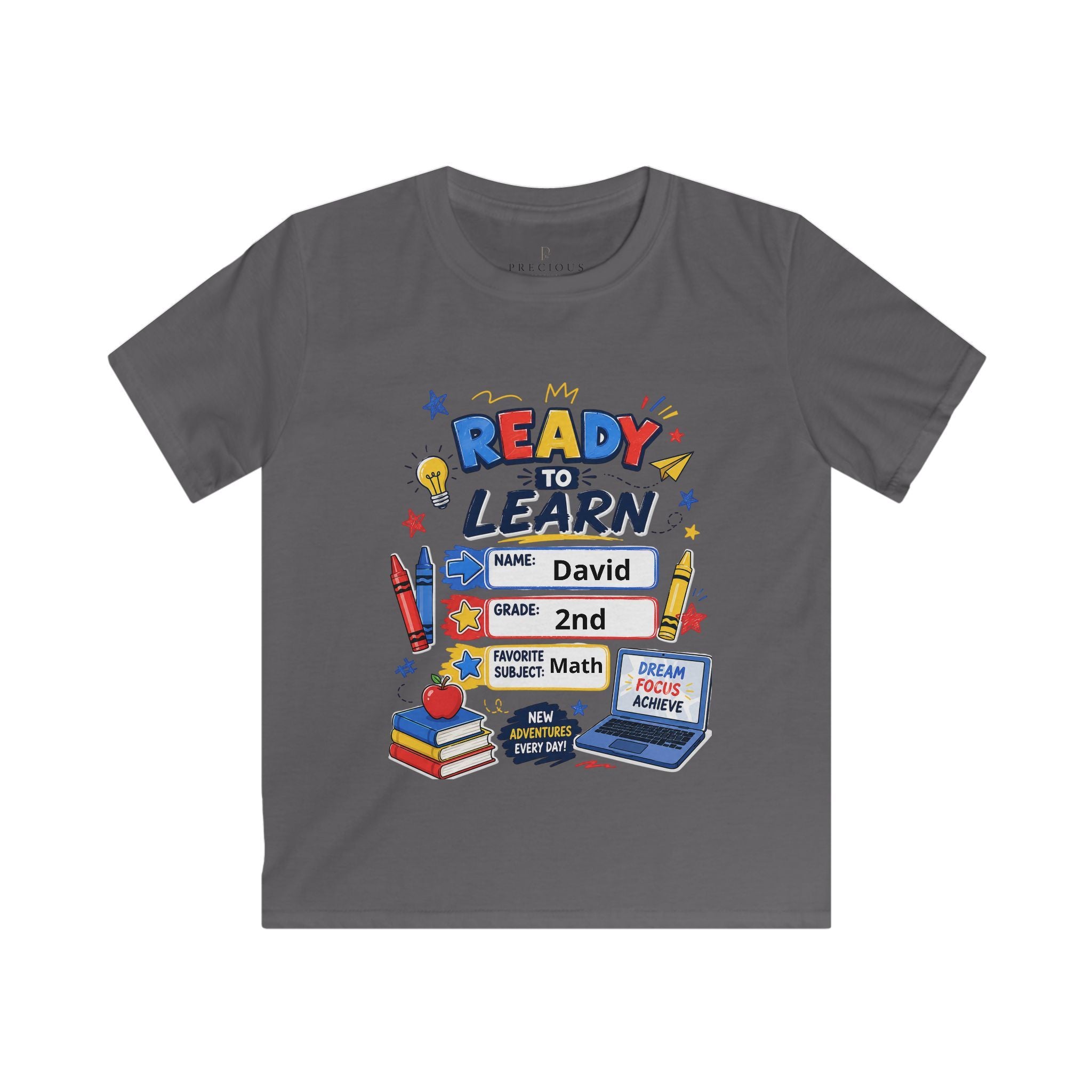 Kids Softstyle Tee- Personalized back to school, with Name, grade, and school survival kit