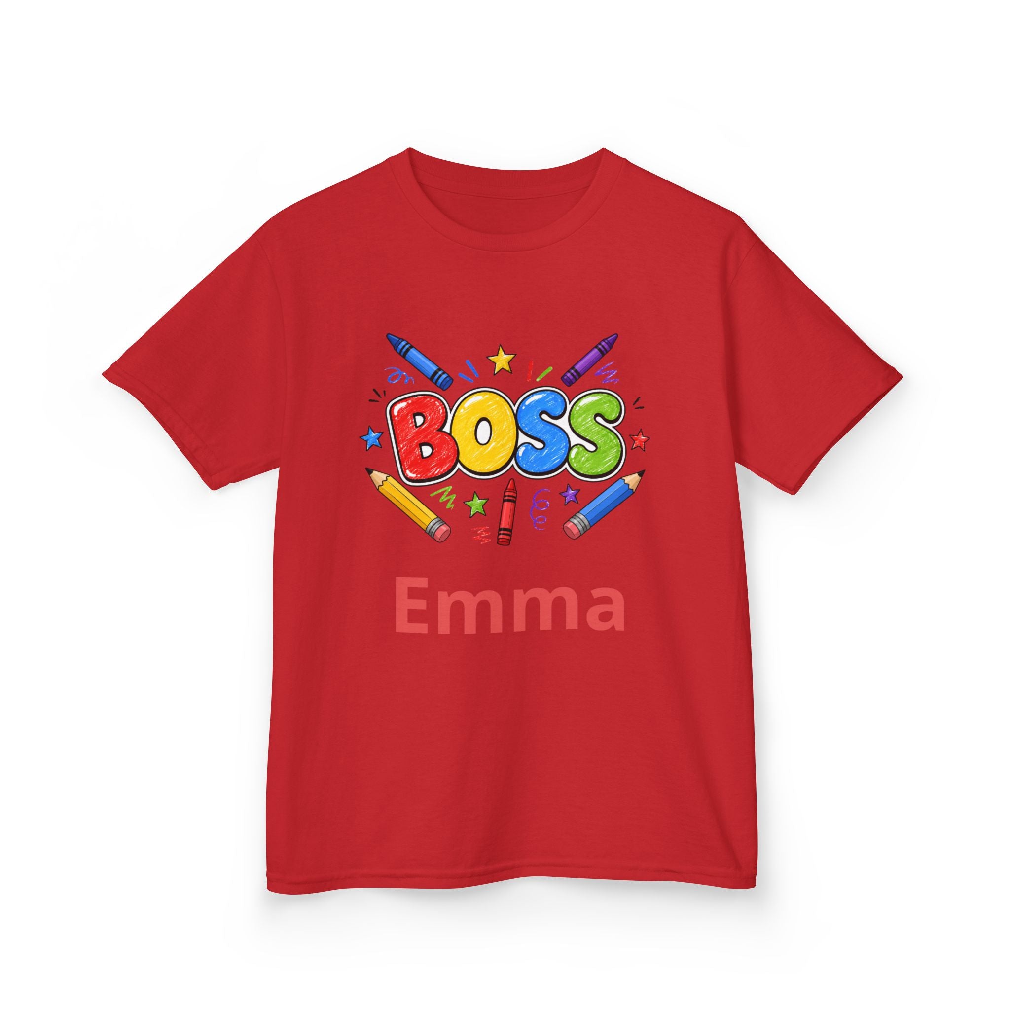 Kids 'Boss' Personalized T‑Shirt — Colorful Crayon Design (Custom Name)