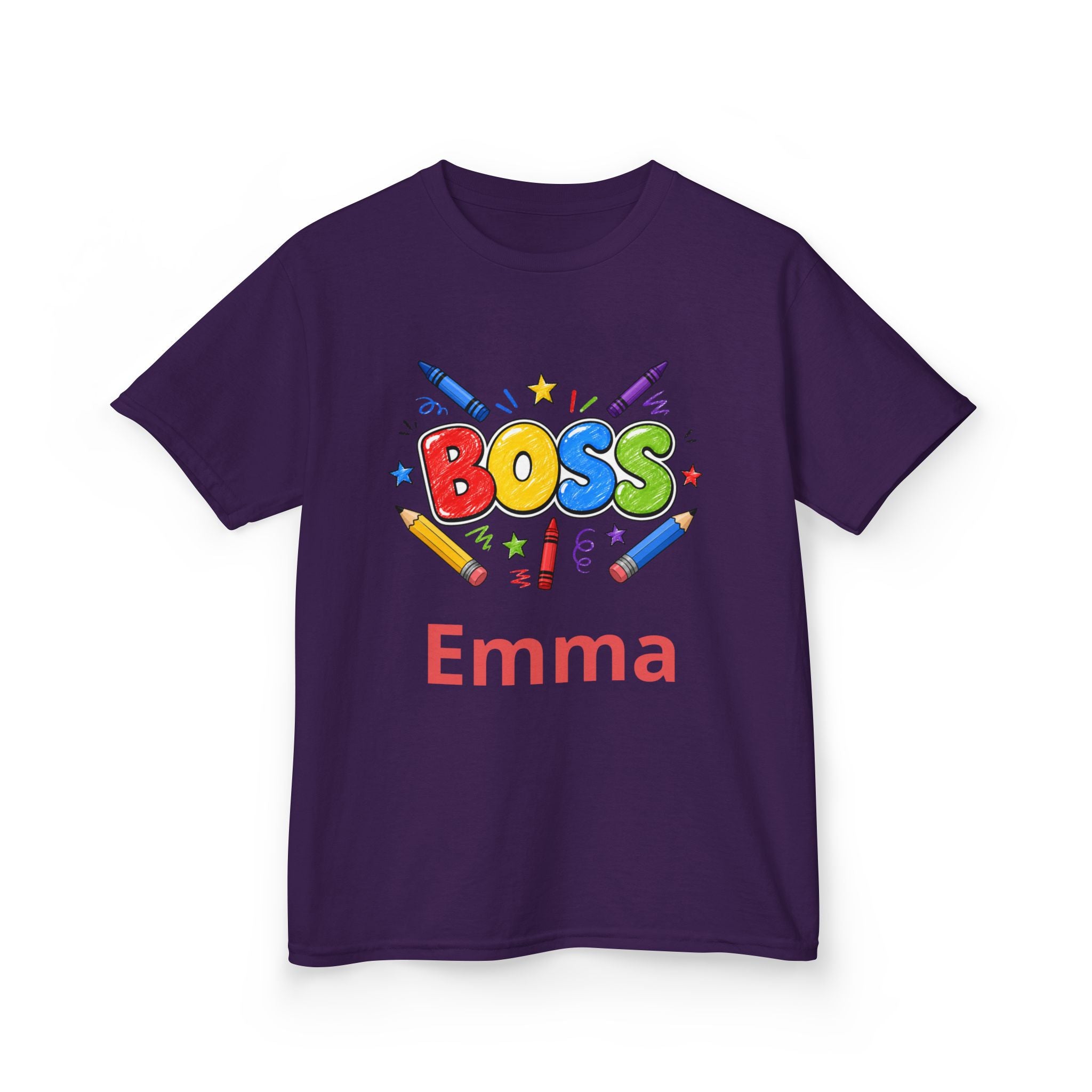 Kids 'Boss' Personalized T‑Shirt — Colorful Crayon Design (Custom Name)