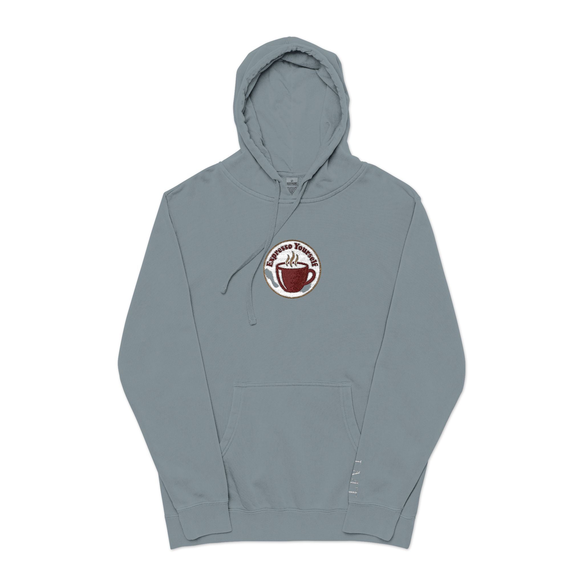 Personalized "Expresso Yourself" Sleeve Pigment-Dyed Hoodie with Coffee Crest Logo — Vintage Cozy Streetwear