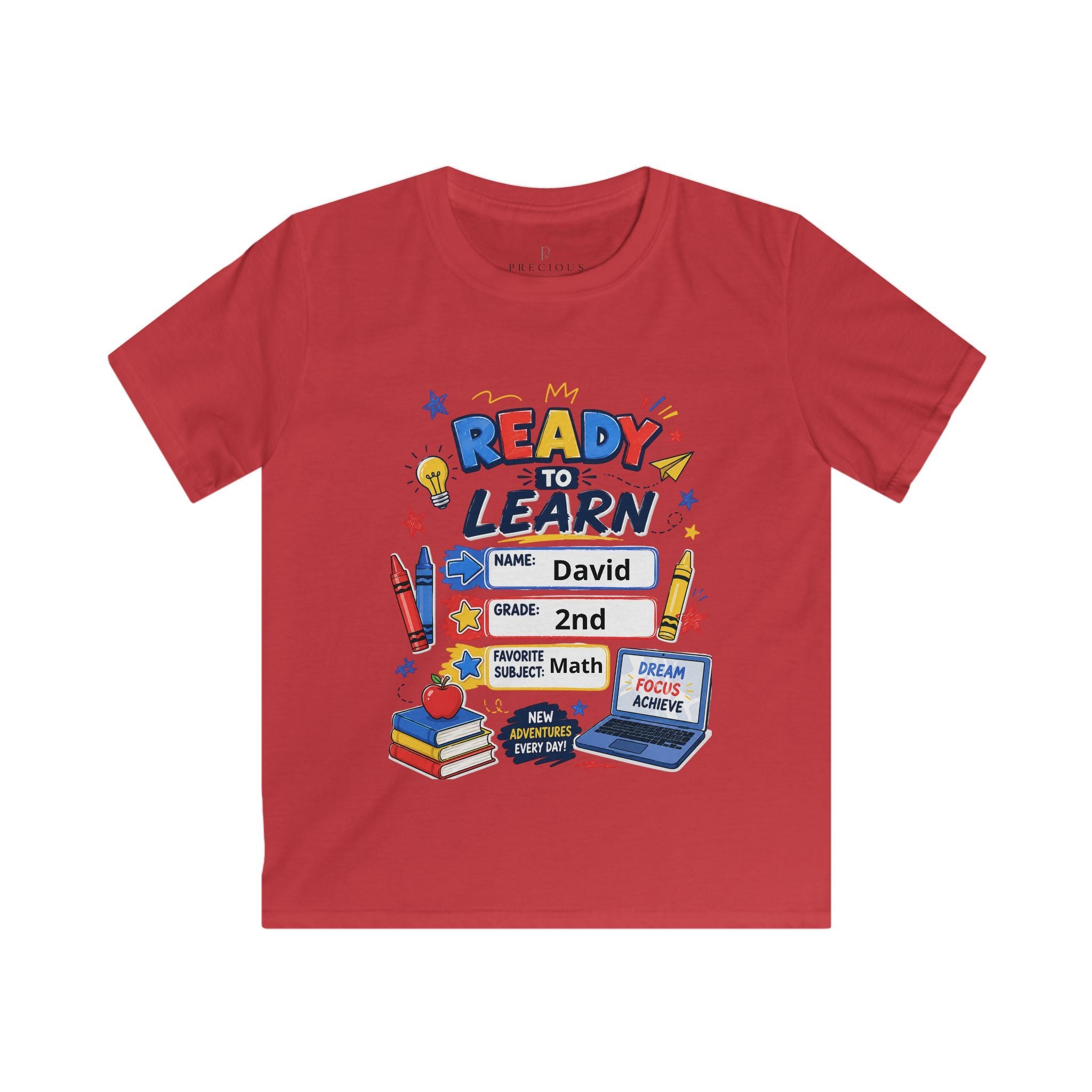 Kids Softstyle Tee- Personalized back to school, with Name, grade, and school survival kit