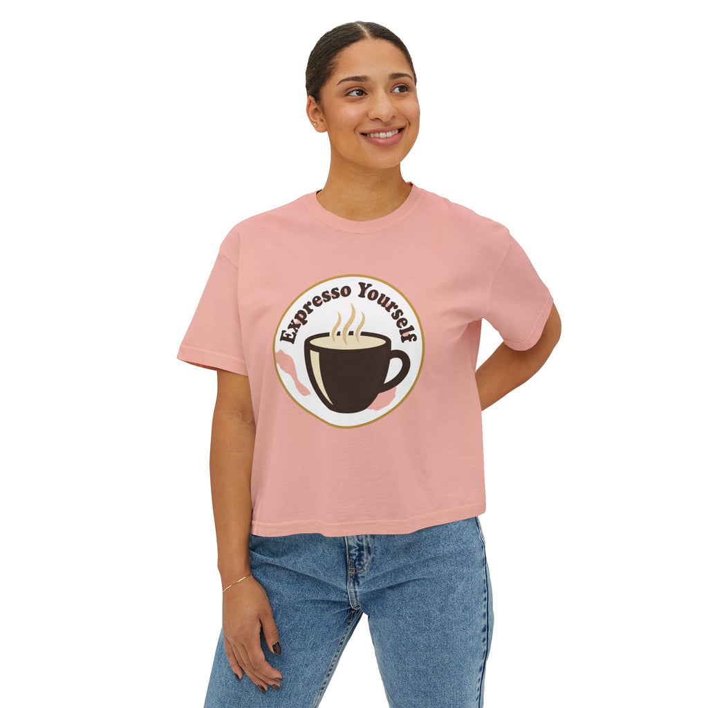 Coffee Graphic Tee — "Expresso Yourself" Boxy Top (Hustle More, Less Coffee)