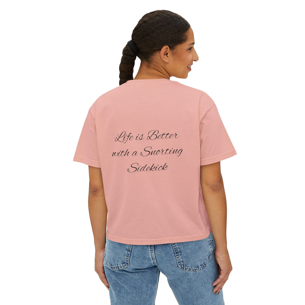 Personalized Pug Mom Boxy Tee — "Pug Mom" Front with "Life is Better with a Snorting Sidekick" Back