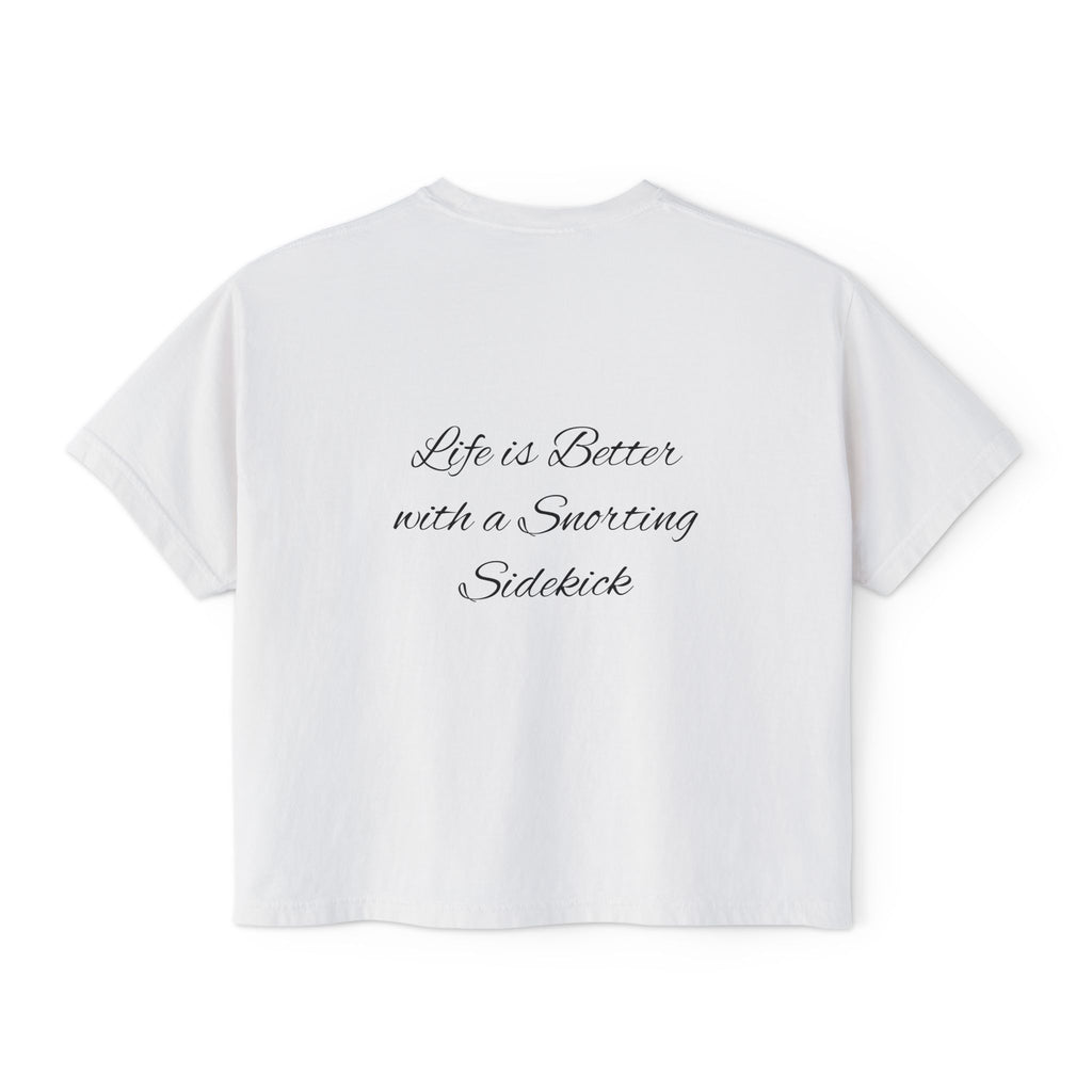 Personalized Pug Mom Boxy Tee — "Pug Mom" Front with "Life is Better with a Snorting Sidekick" Back