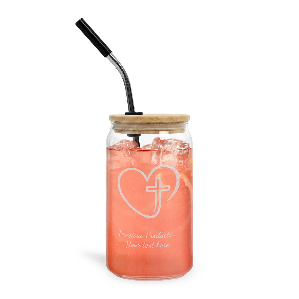 Personalized Engraved 16oz Can Glass with Lid — Heart & Cross Design, Bamboo Lid Tumbler