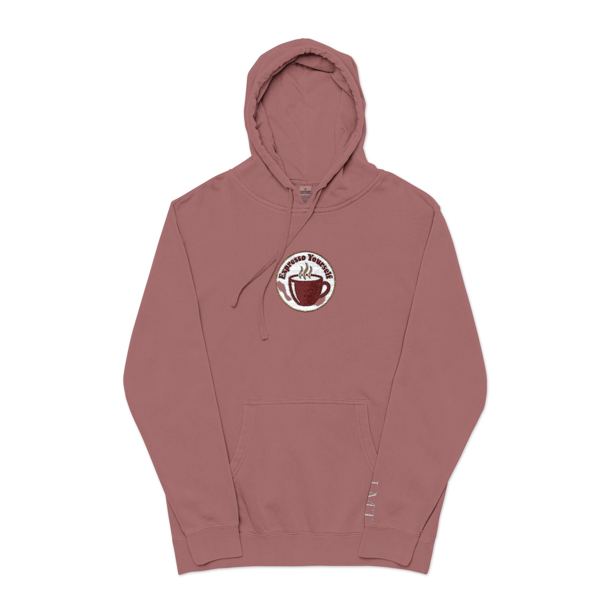 Personalized "Expresso Yourself" Sleeve Pigment-Dyed Hoodie with Coffee Crest Logo — Vintage Cozy Streetwear