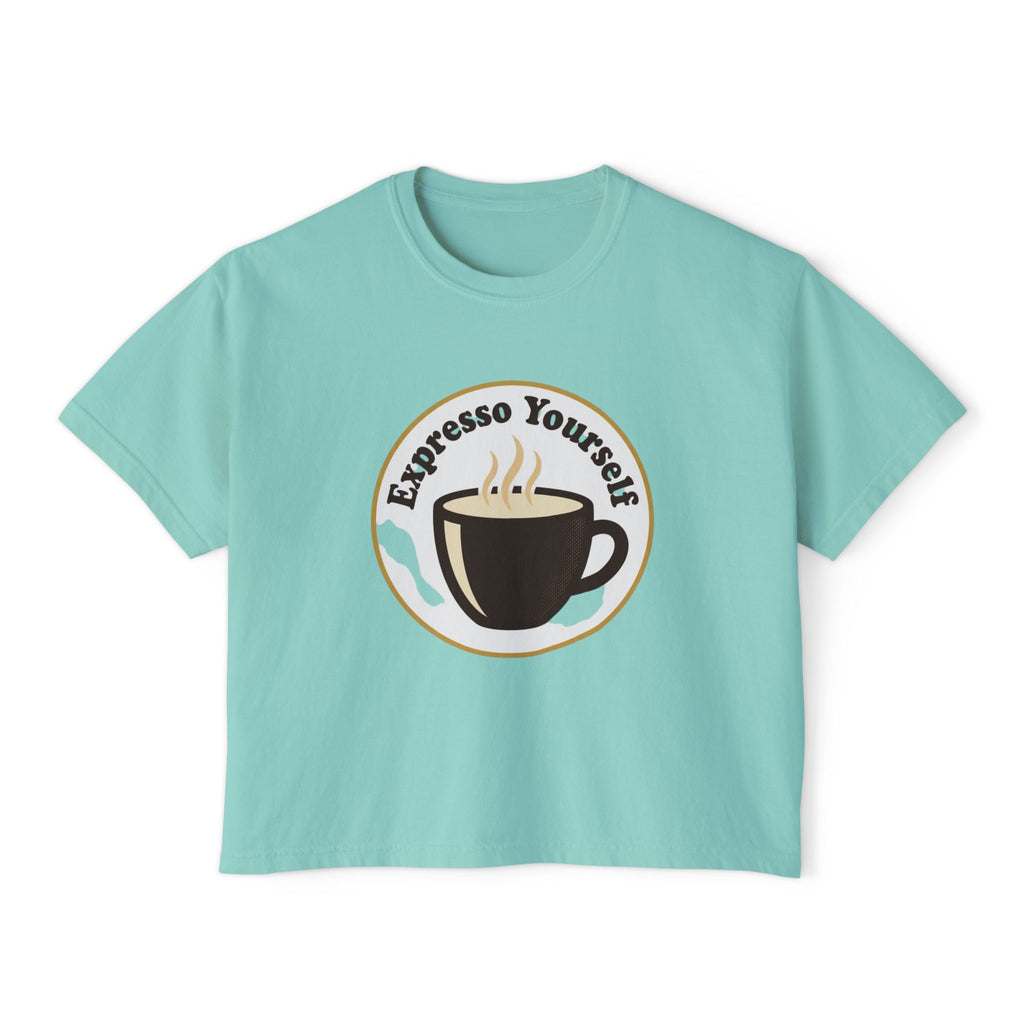 Coffee Graphic Tee — "Expresso Yourself" Boxy Top (Hustle More, Less Coffee)