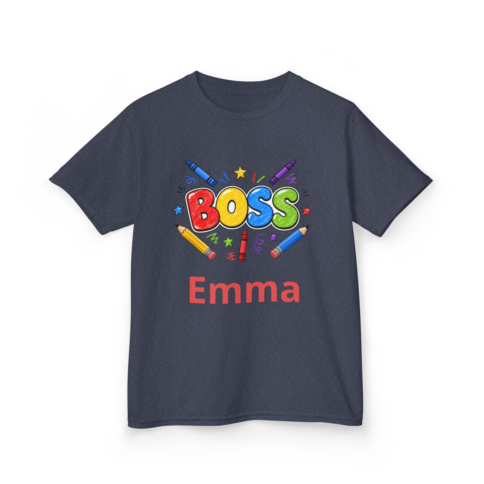 Kids 'Boss' Personalized T‑Shirt — Colorful Crayon Design (Custom Name)