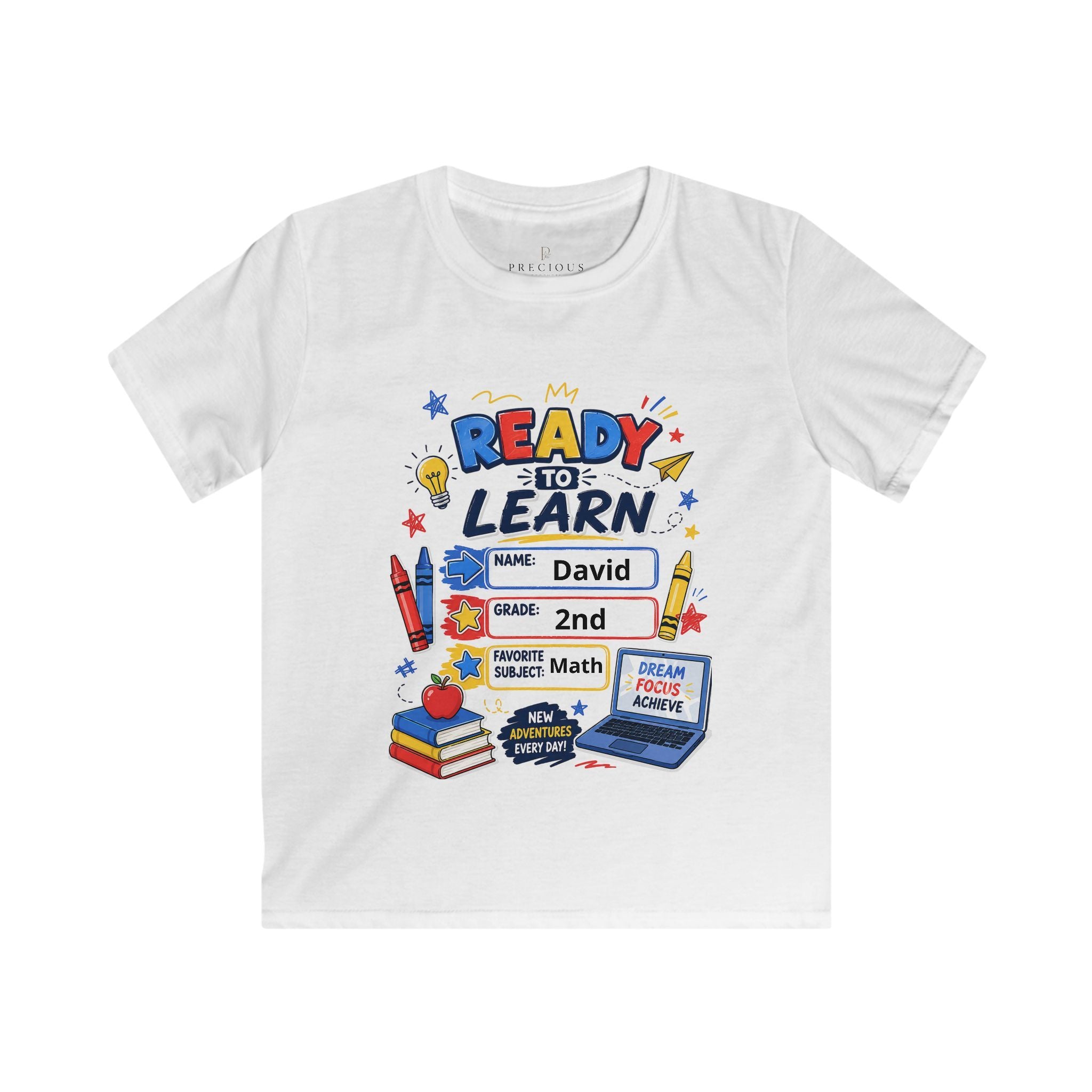 Kids Softstyle Tee- Personalized back to school, with Name, grade, and school survival kit