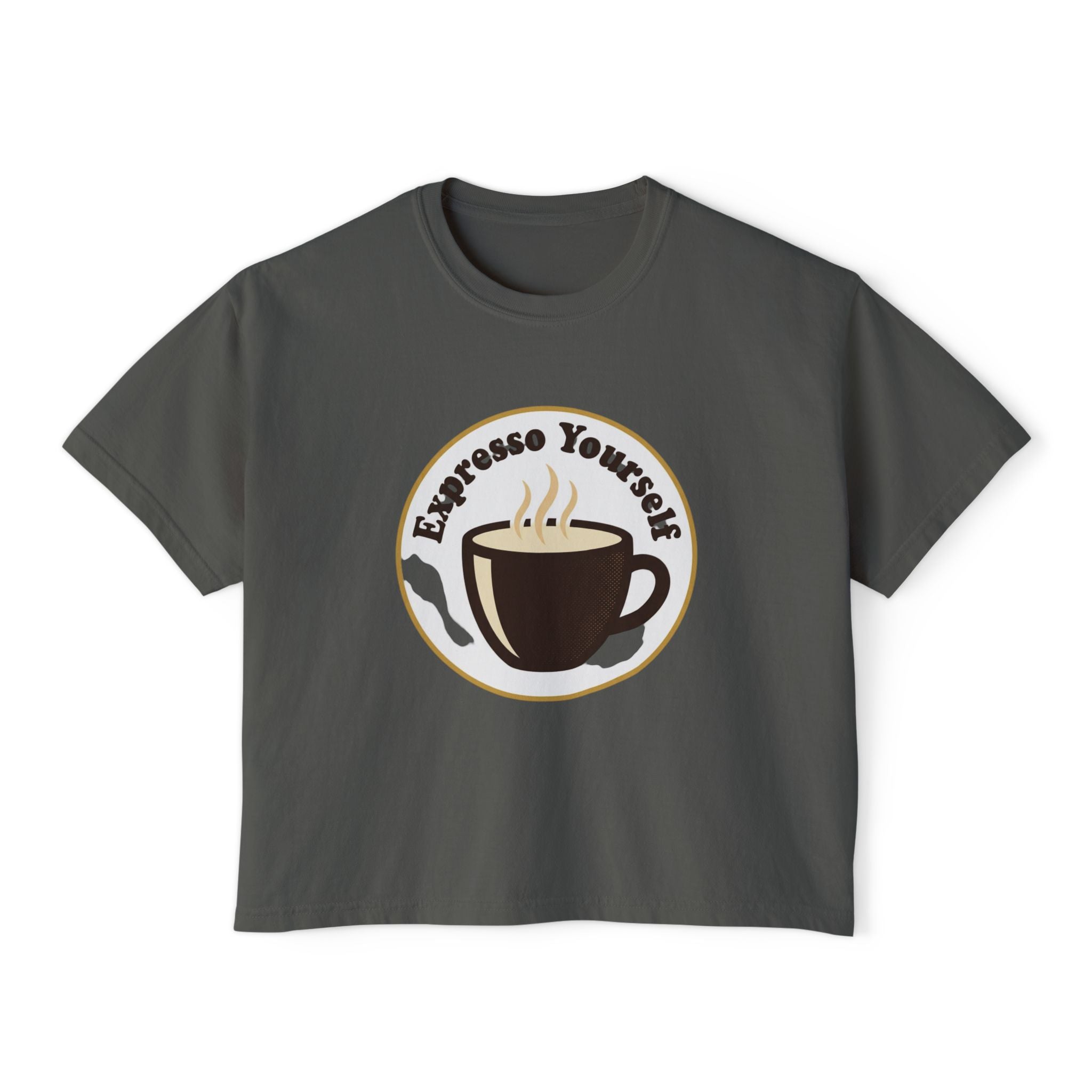 Coffee Graphic Tee — "Expresso Yourself" Boxy Top (Hustle More, Less Coffee)