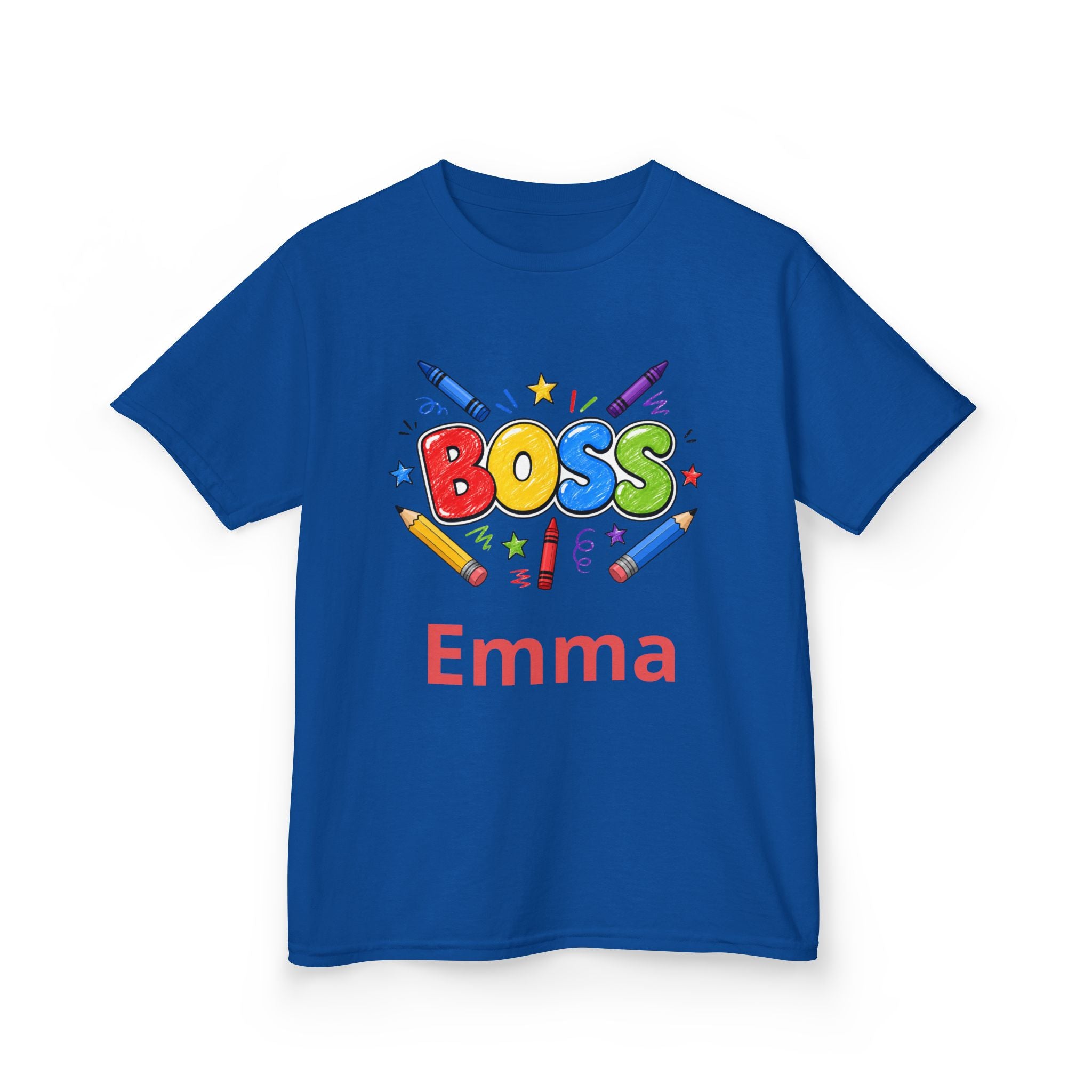 Kids 'Boss' Personalized T‑Shirt — Colorful Crayon Design (Custom Name)
