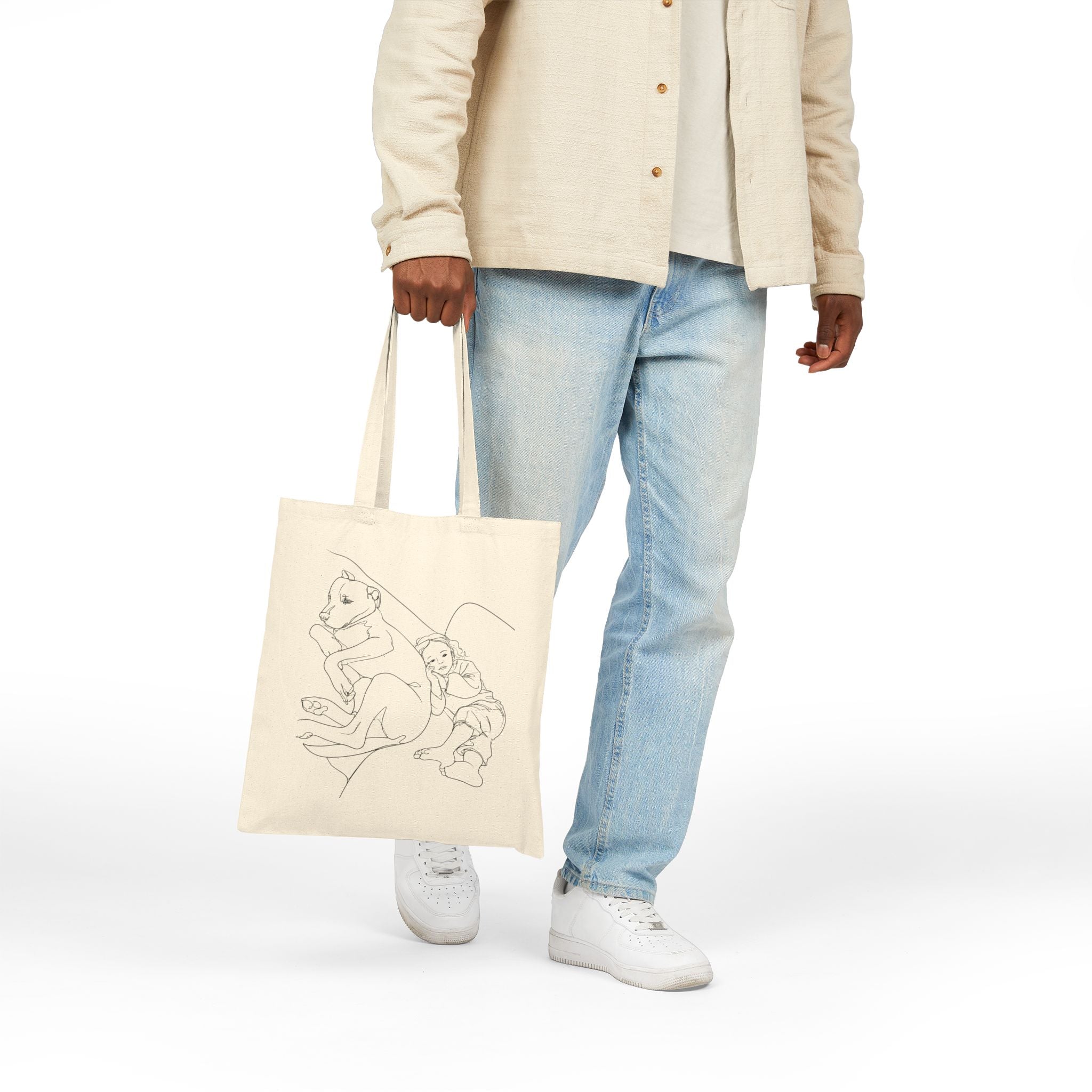Custom Tote Bag — Minimal Line Art Dog & Child Illustration Cotton Canvas Tote