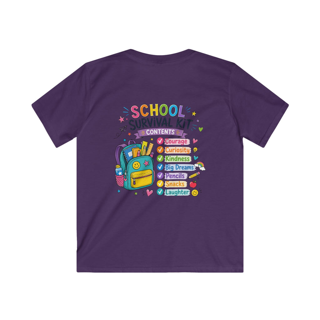 Kids Softstyle Tee- Personalized back to school, with Name, grade, and school survival kit