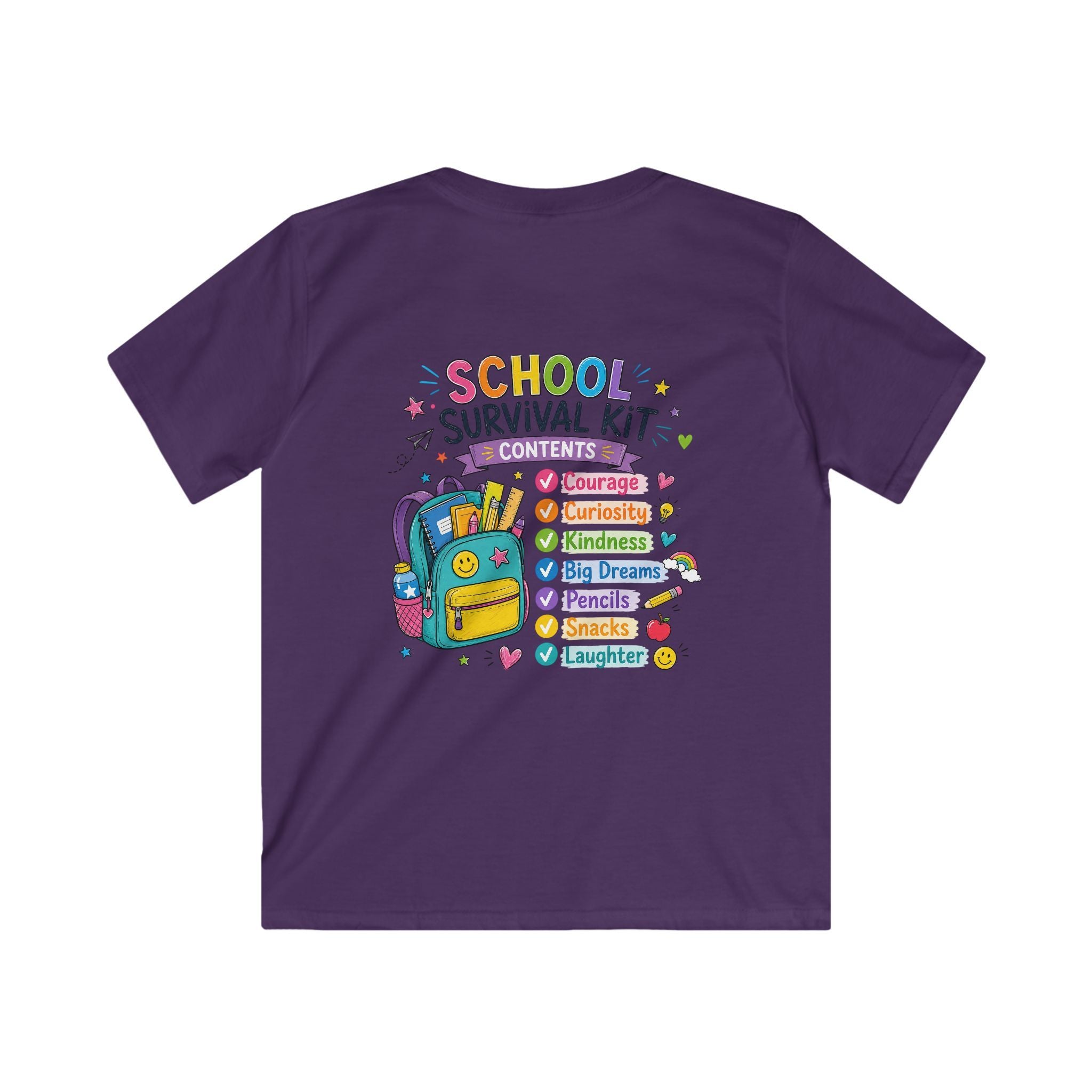 Kids Softstyle Tee- Personalized back to school, with Name, grade, and school survival kit