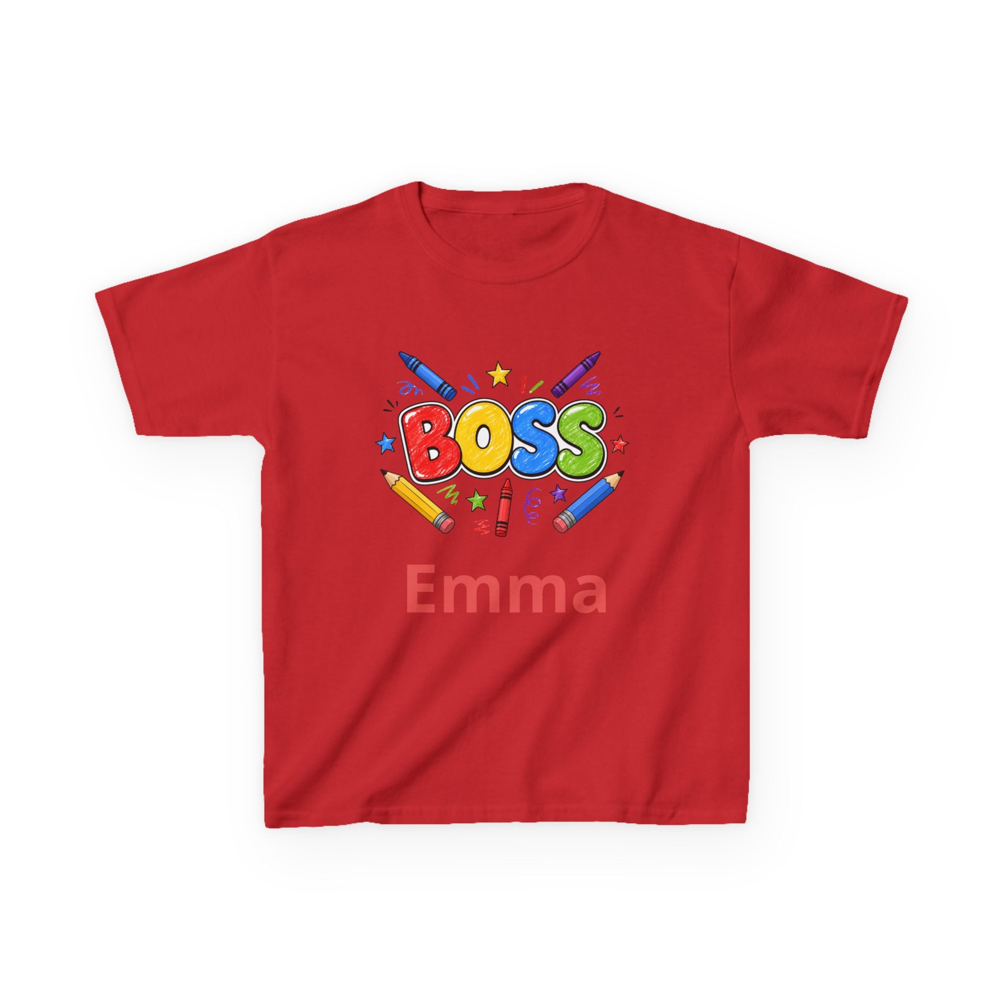 Kids 'Boss' Personalized T‑Shirt — Colorful Crayon Design (Custom Name)