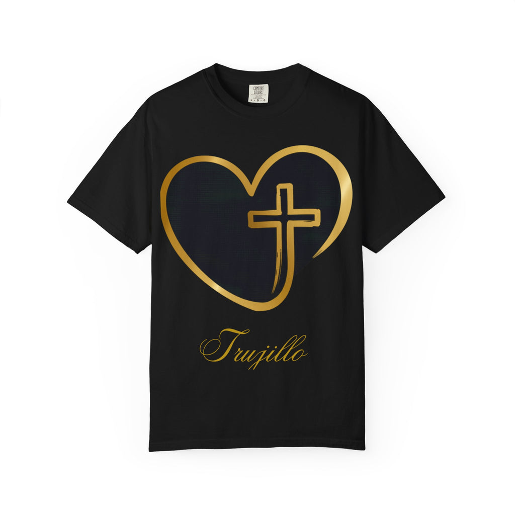 Personalized Religious Heart T-Shirt — Gold Cross Heart with your last name