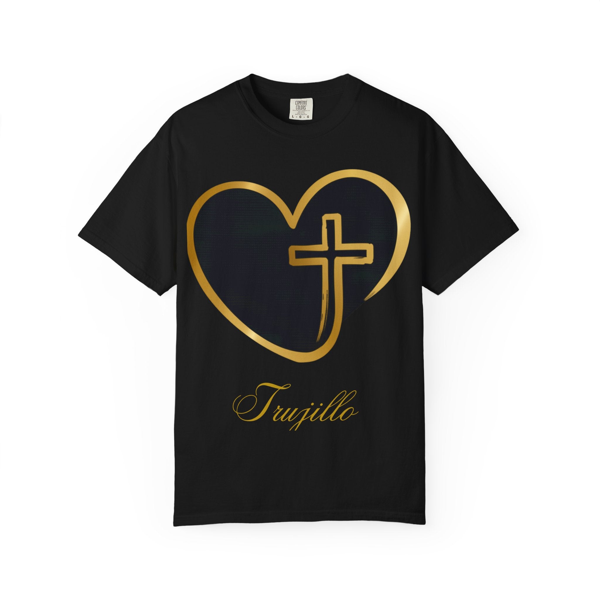 Personalized Religious Heart T-Shirt — Gold Cross Heart with your last name