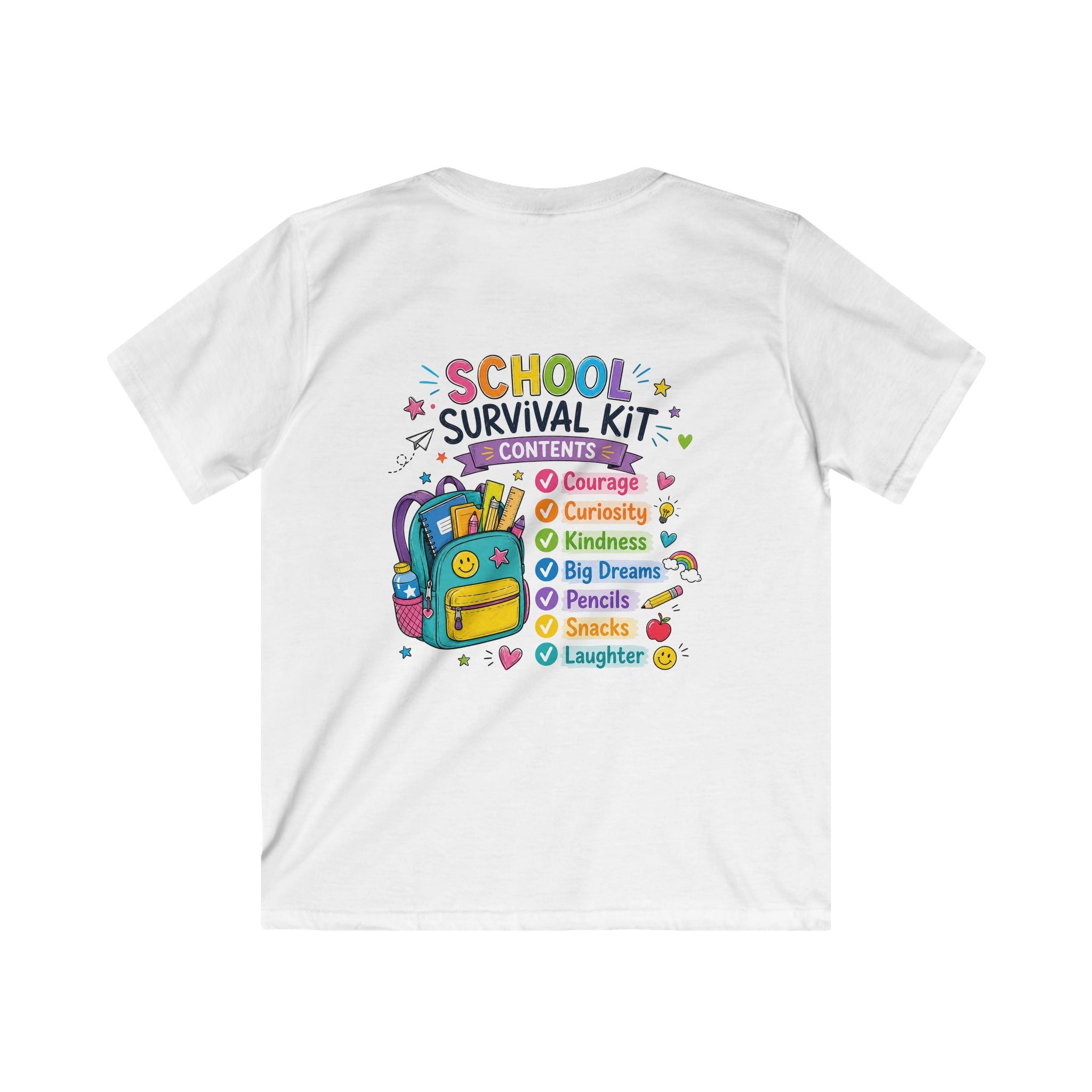 Kids Softstyle Tee- Personalized back to school, with Name, grade, and school survival kit