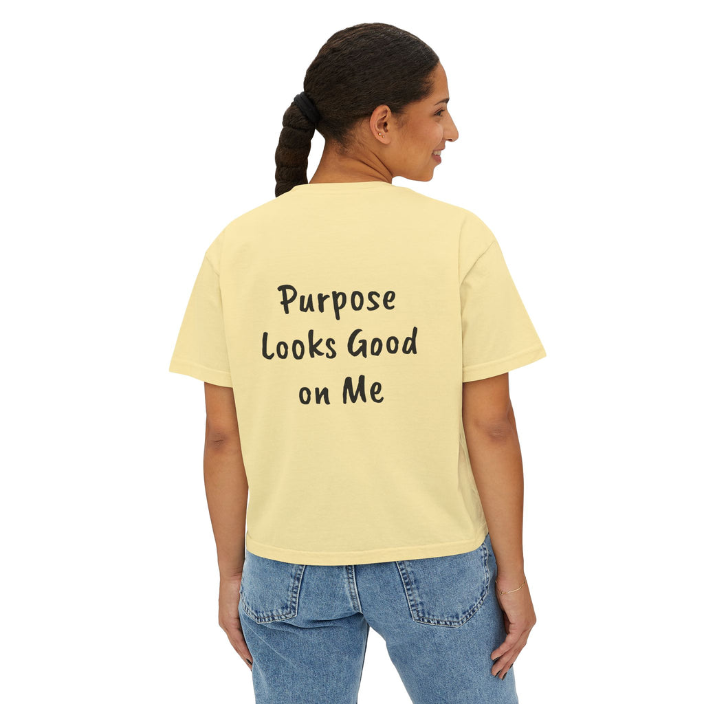 Personalized Women’s Boxy Tee — Peace Hand Graphic & “Purpose Looks Good on Me” Back Print