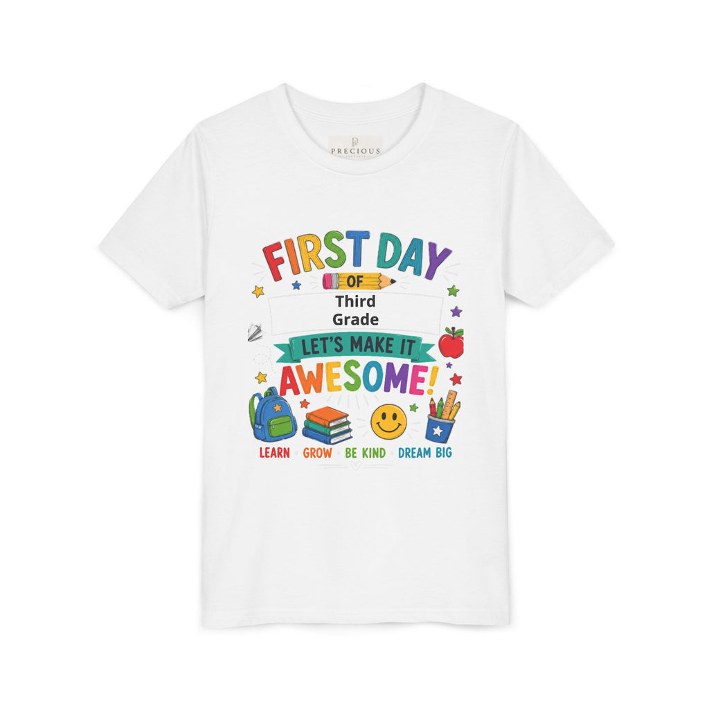 First Day of School Personalized Youth Tee — "Let's Make It Awesome!" Backname Personalizable (David 2026)