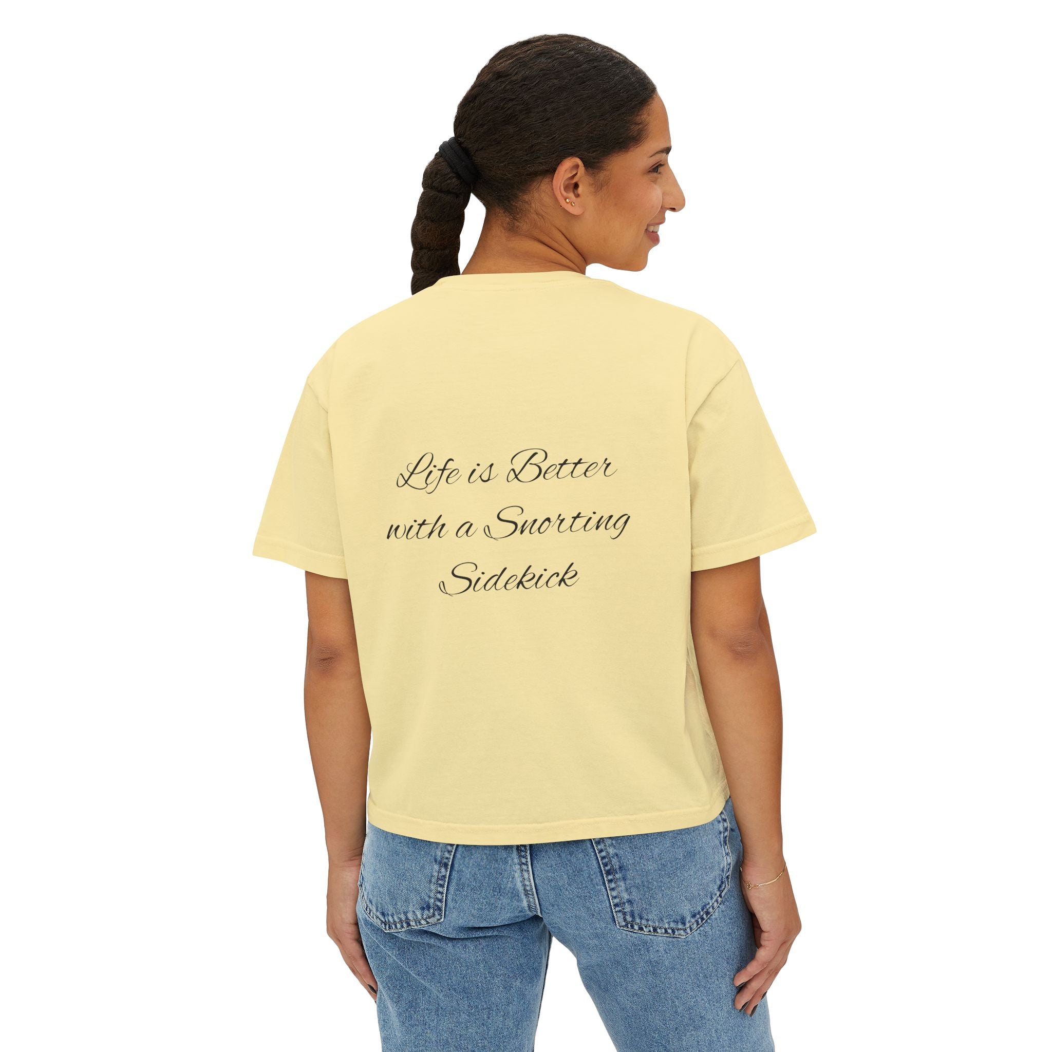 Personalized Pug Mom Boxy Tee — "Pug Mom" Front with "Life is Better with a Snorting Sidekick" Back