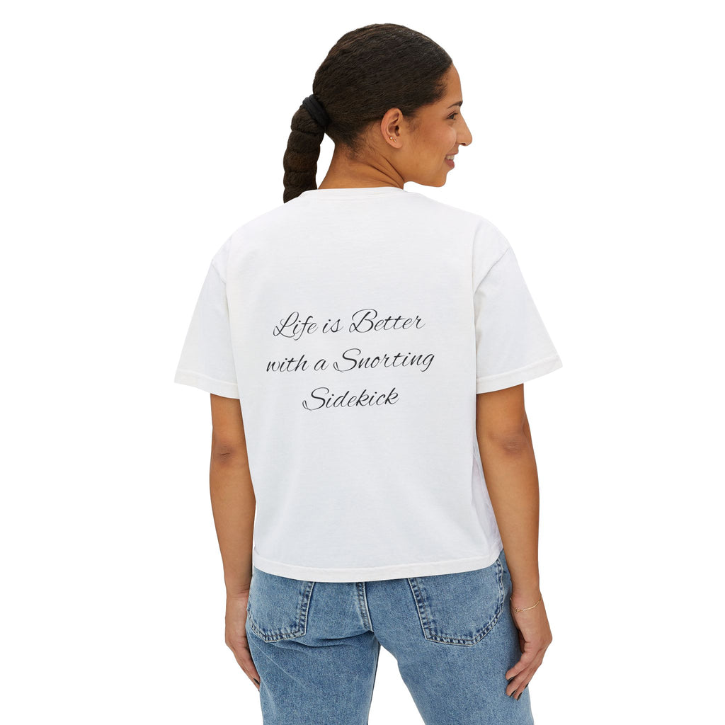 Personalized Pug Mom Boxy Tee — "Pug Mom" Front with "Life is Better with a Snorting Sidekick" Back